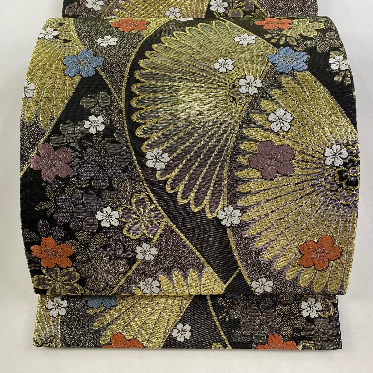 【美品】 袋帯 秀品 振袖向き 桜 菊 唐織 金糸 墨色 六通 正絹 【中古】拍卖