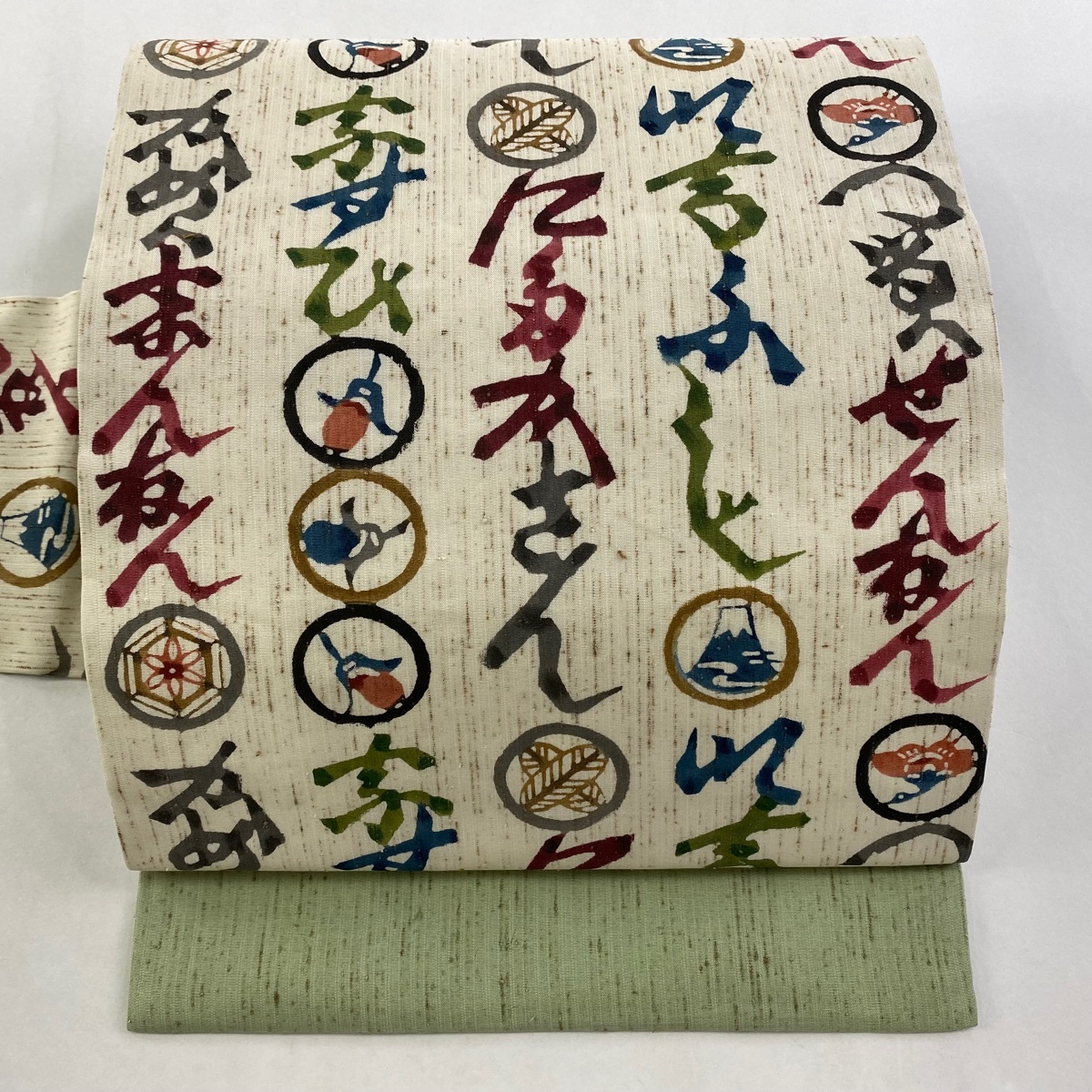 【美品】 名古屋帯 名品 紬地 文字文 生り物 ベージュ 正絹 【中古】拍卖