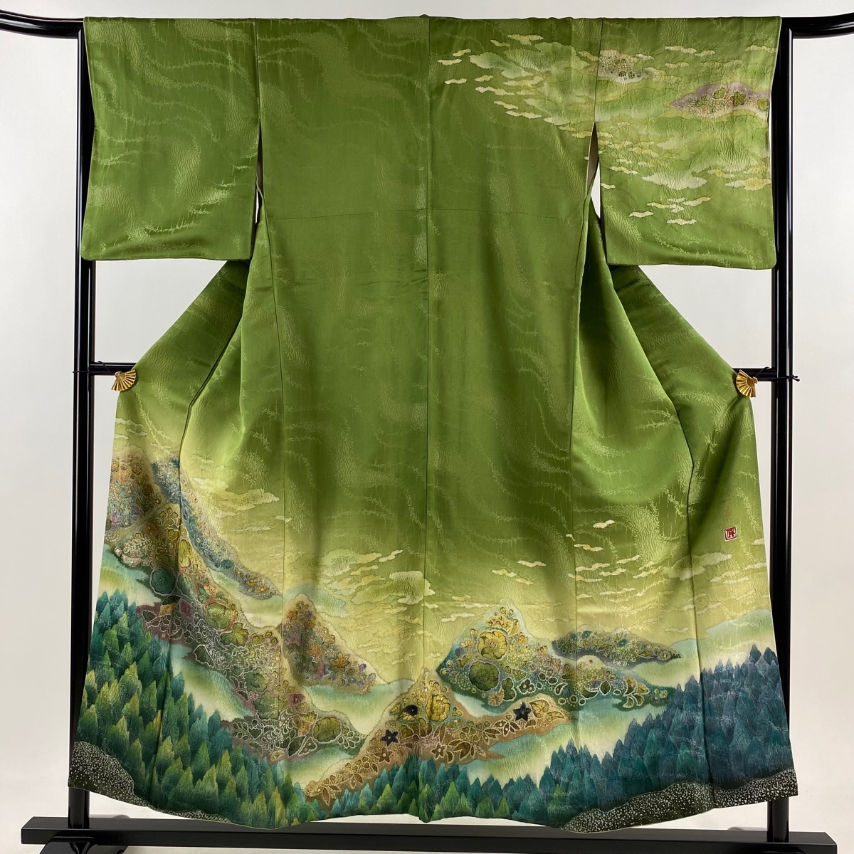 訪問着 身丈153cm 裄丈65cm M 袷 吉乃一廉 落款 辻ヶ花 樹木 銀通し ぼかし よもぎ色 正絹 逸品 【中古】拍卖