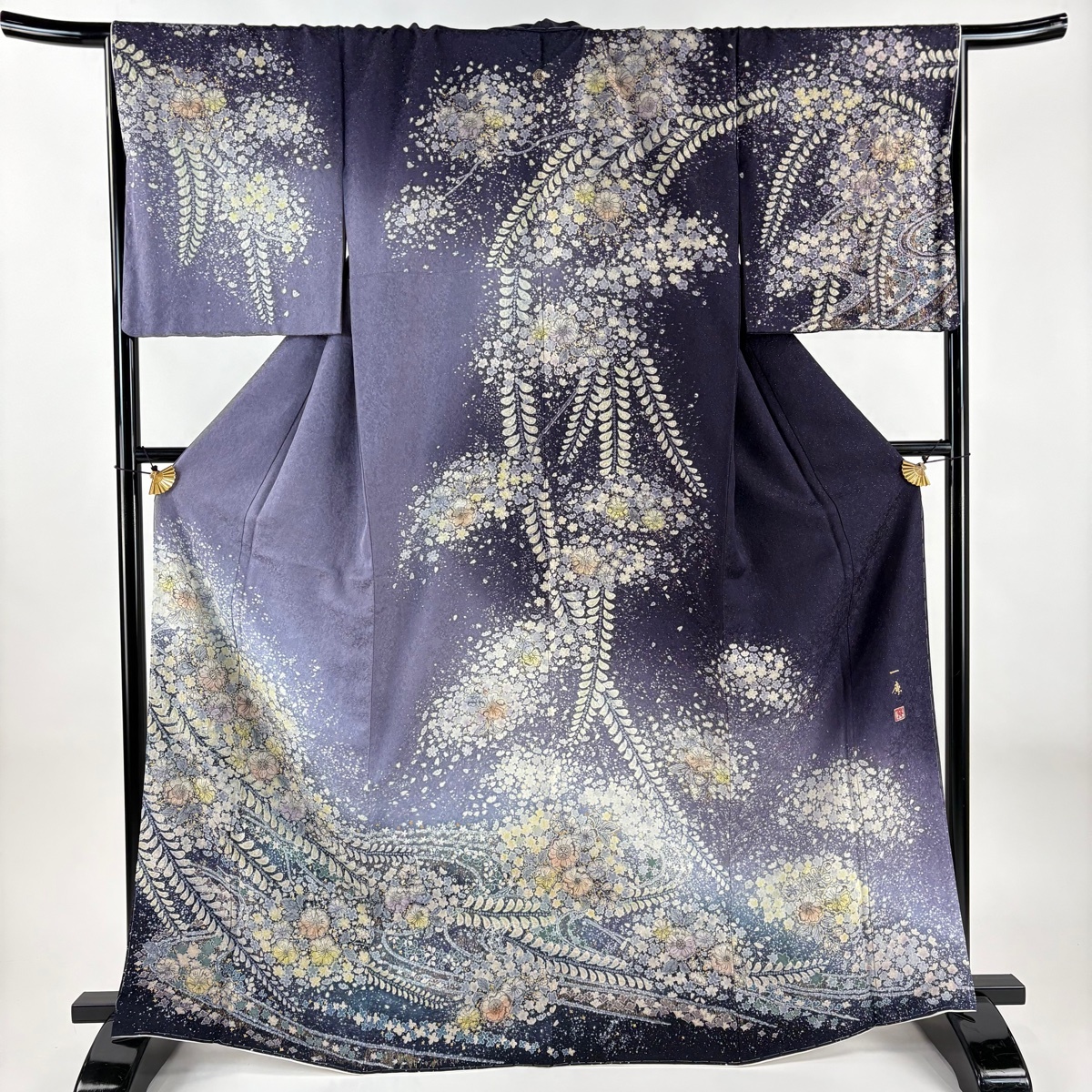 【美品】 訪問着 身丈166cm 裄丈69.5cm L 袷 吉乃一廉 落款 辻が花 流水 銀通し 金彩 紫 正絹 逸品 一つ紋 【中古】拍卖