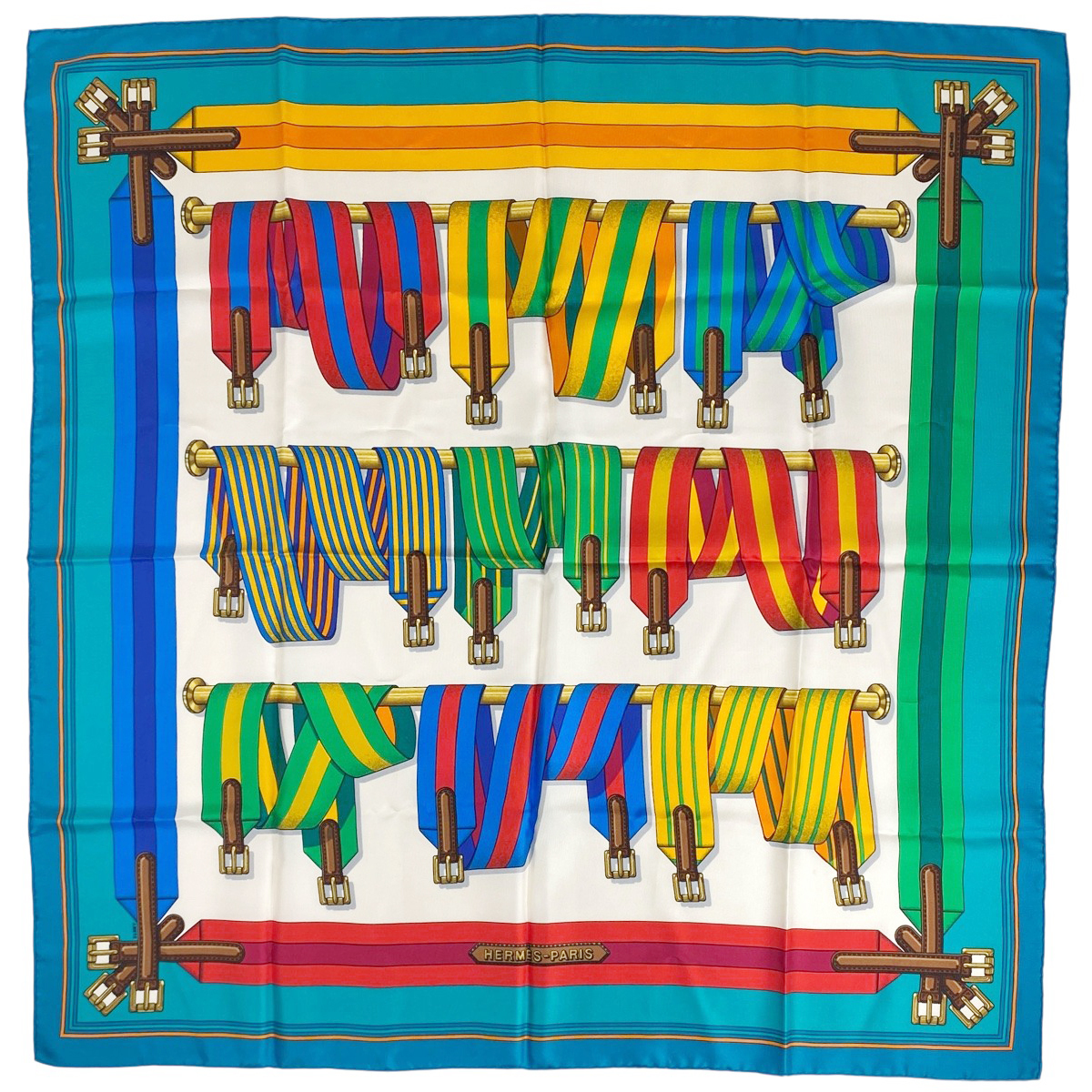 エルメス HERMES カレ 90 J.METS サスペンダー柄 ベルト スカーフ シルク グリーン マルチカラー レディース 【中古】拍卖