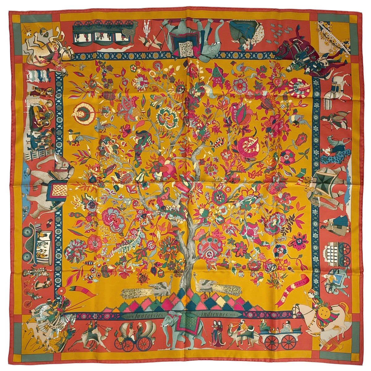 エルメス HERMES カレ 90 fantaisies indiennes 眩惑のインド スカーフ シルク オレンジ マルチカラー レディース 【中古】拍卖