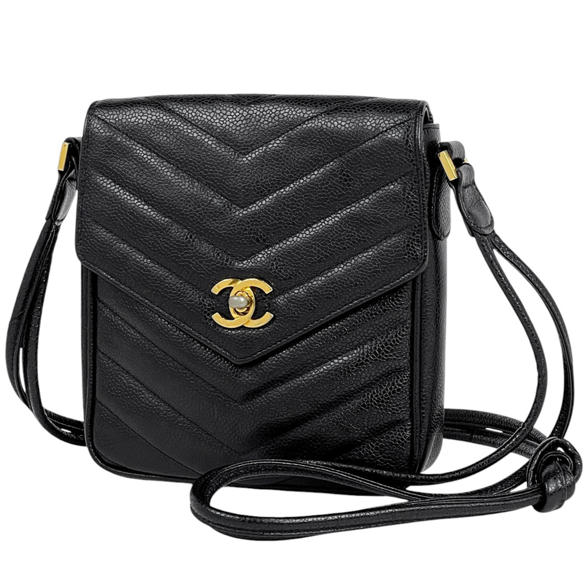 シャネル CHANEL Vステッチ ショルダーバッグ ココマーク ショルダーバッグ キャビアスキン ブラック レディース 【中古】拍卖