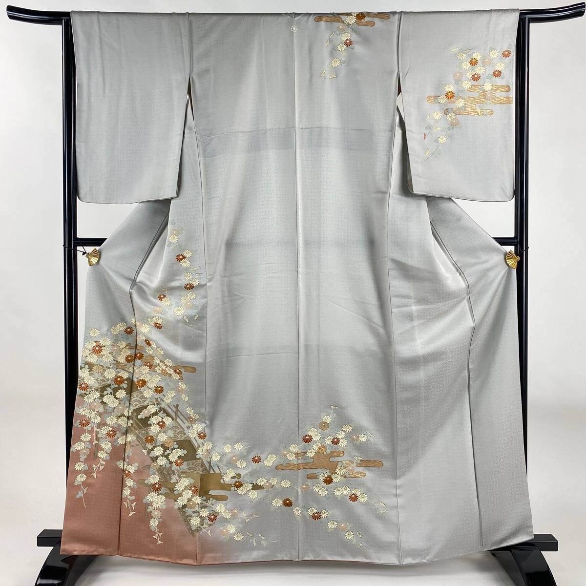 訪問着 身丈163cm 裄丈64cm M 袷 菊 橋 金糸 金彩 灰色 正絹 秀品 一つ紋 【中古】拍卖