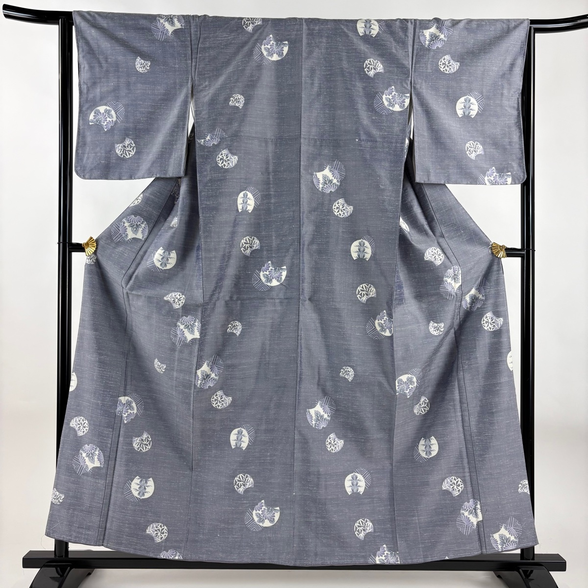 紬 身丈158cm 裄丈64.5cm M 袷 草花 青灰色 正絹 秀品 【中古】拍卖