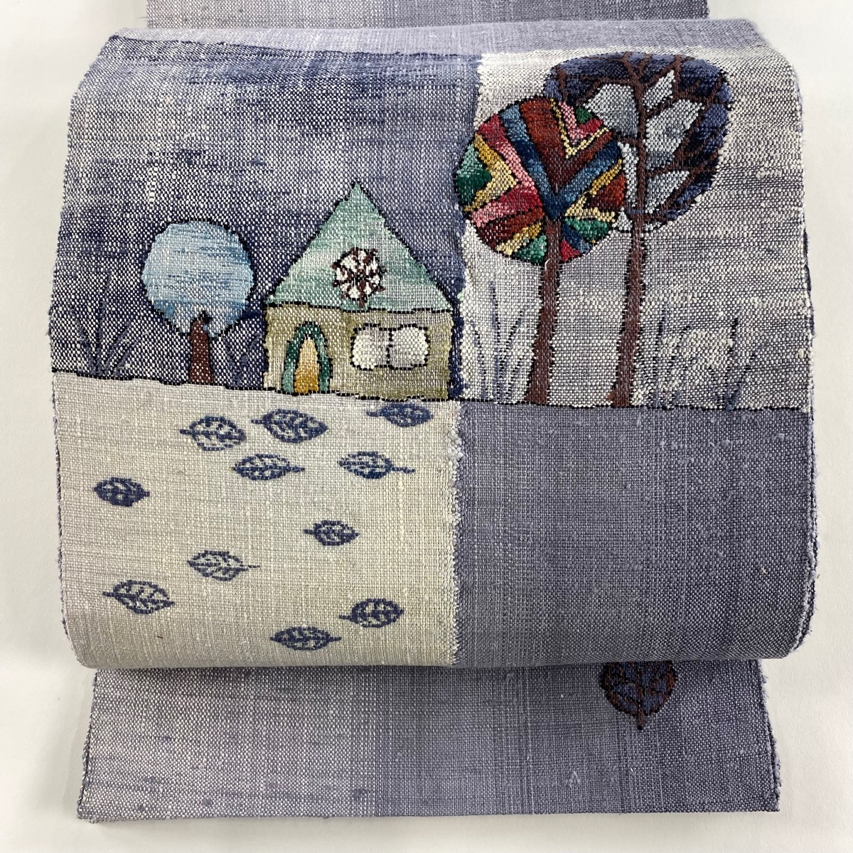 名古屋帯 秀品 松葉仕立て 八寸名古屋帯 紬地 家 樹木 灰紫 正絹 【中古】拍卖