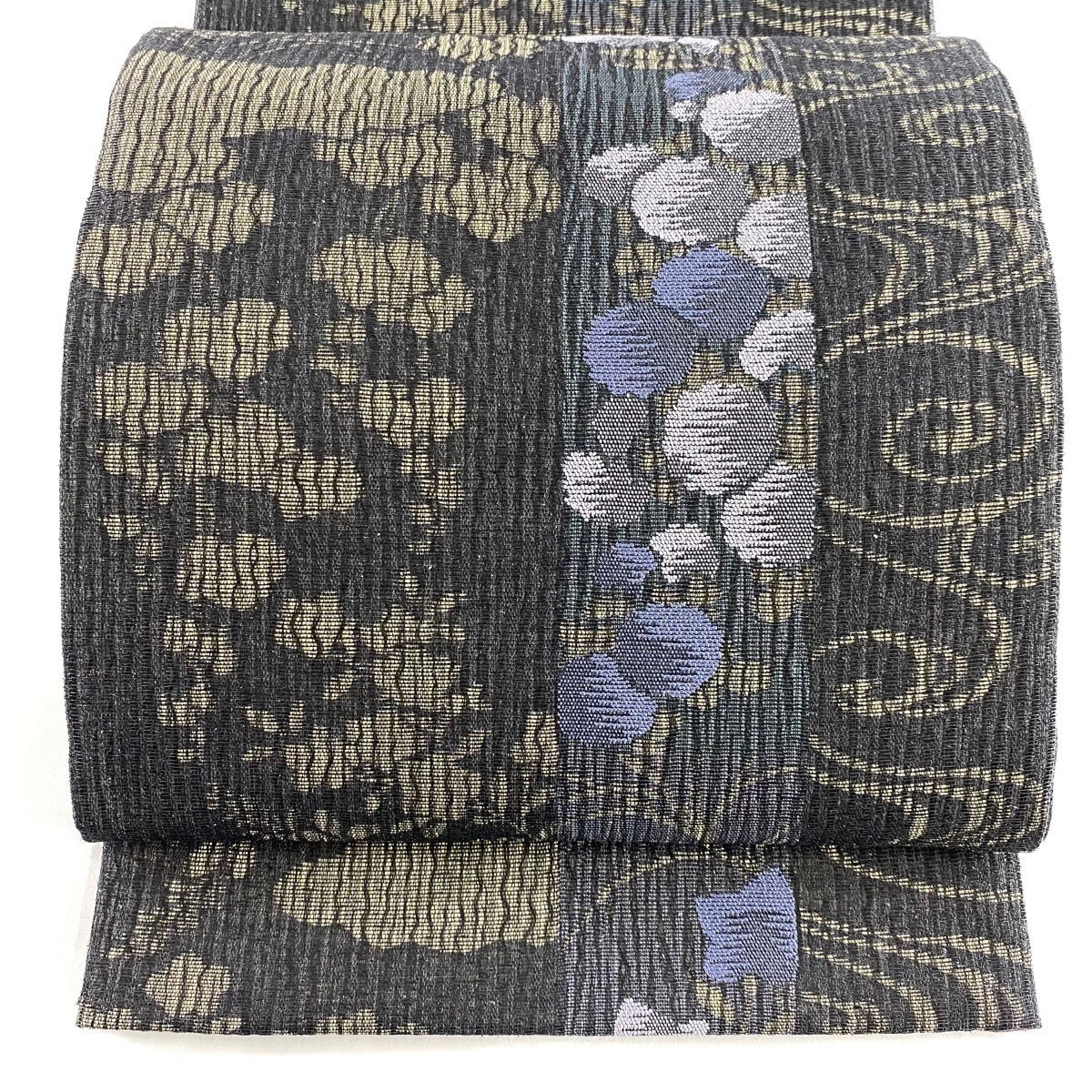 【美品】 袋帯 秀品 やまと 草花 流水 黒灰 六通 正絹 【中古】拍卖