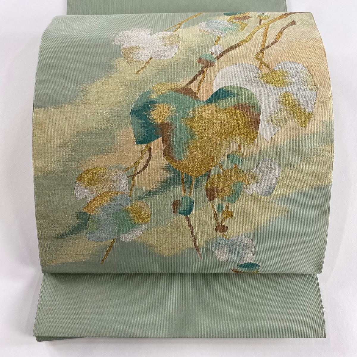 名古屋帯 秀品 松葉仕立て 八寸名古屋帯 鈴乃屋 蔦 霞 金銀糸 灰緑 正絹 【中古】拍卖