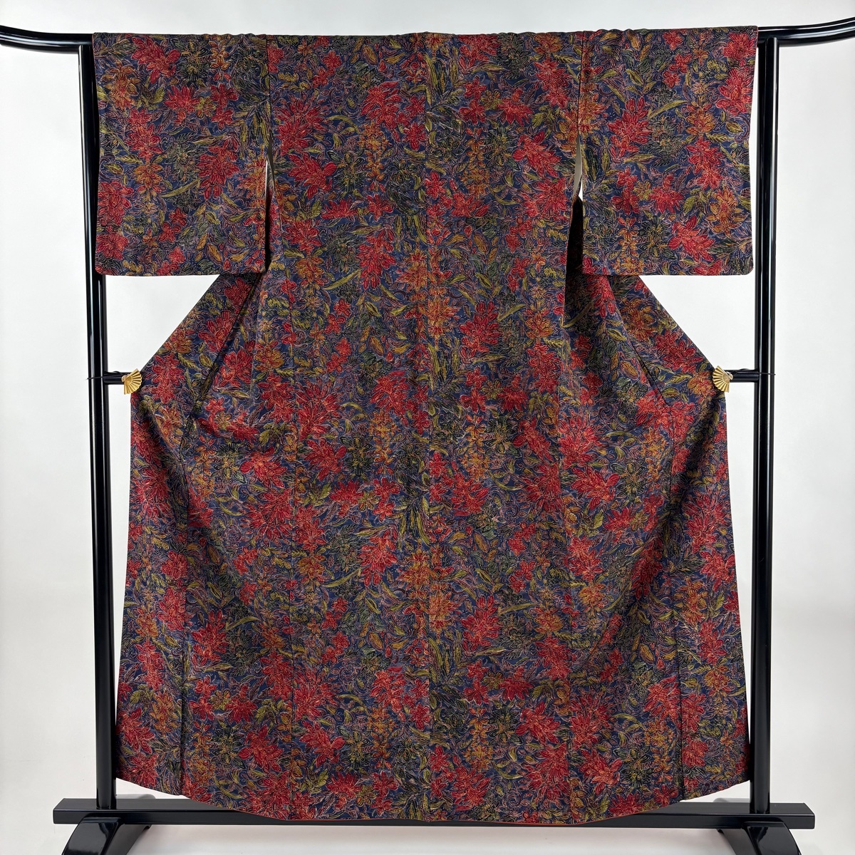 小紋 身丈157cm 裄丈64.5cm M 袷 紬地 草花 紺色 正絹 優品 【中古】拍卖