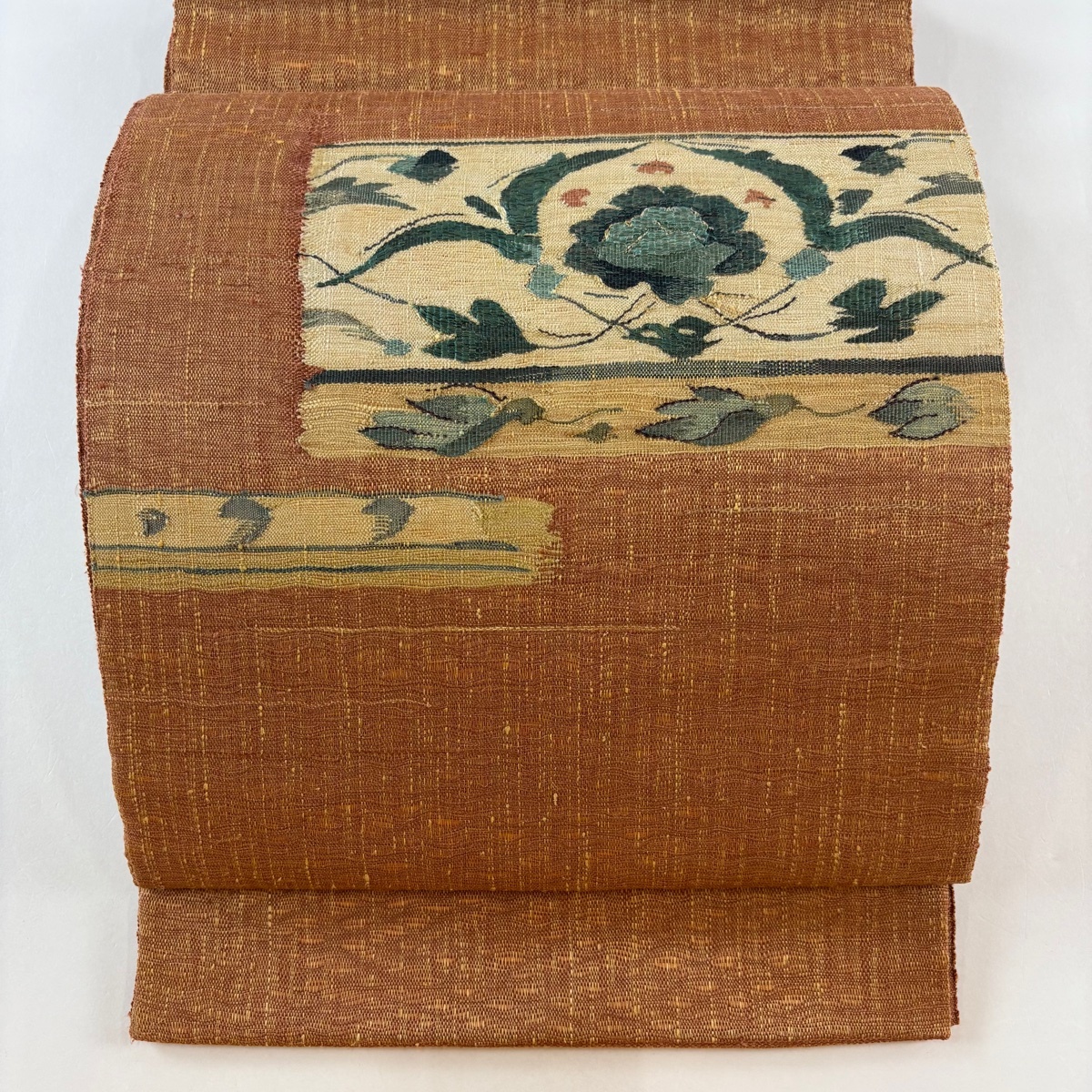 【美品】 袋帯 秀品 草花 赤茶 お太鼓柄 正絹 【中古】拍卖