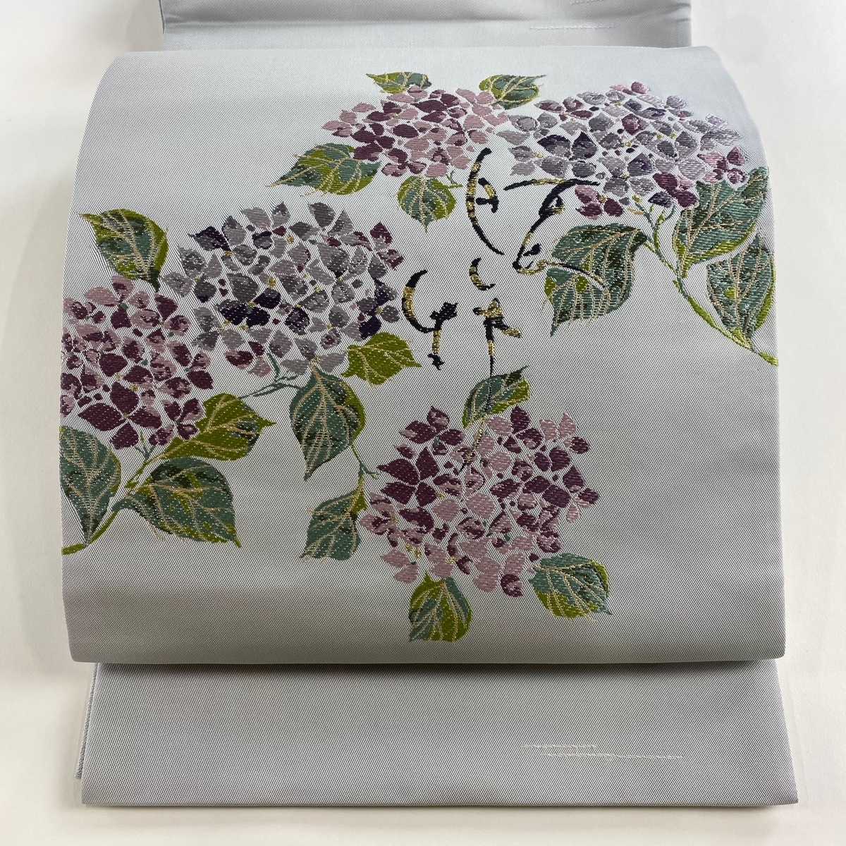 【美品】 袋帯 名品 紫陽花 カタツムリ 金糸 青灰色 お太鼓柄 正絹 【中古】拍卖