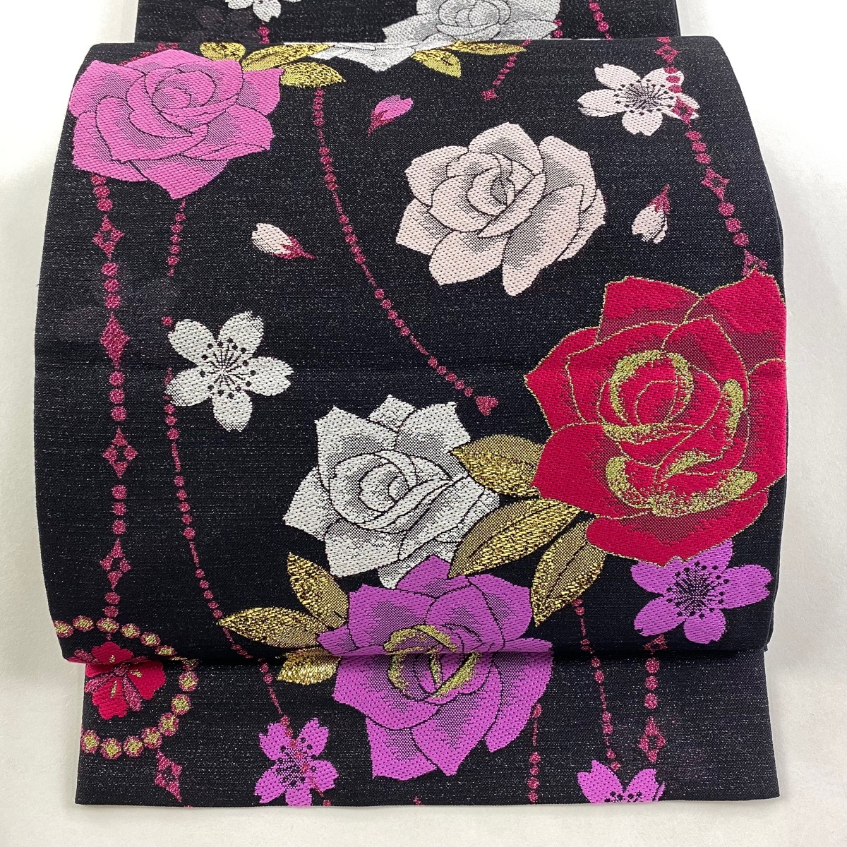 【美品】 袋帯 名品 薔薇 桜 箔 黒 六通 正絹 【中古】拍卖