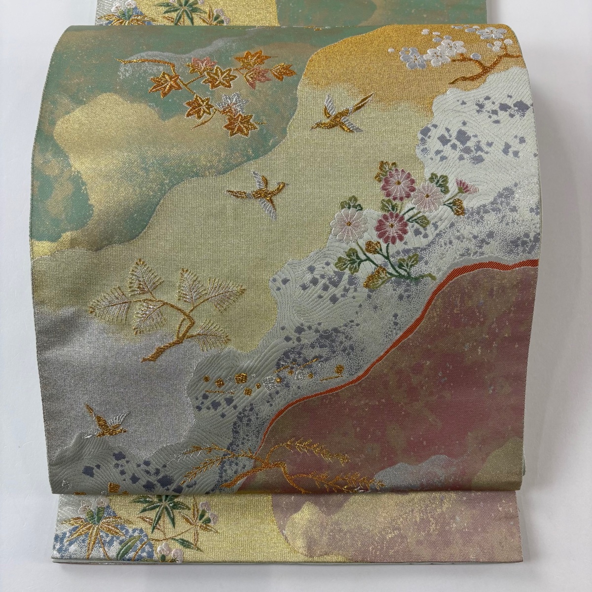 【美品】 袋帯 秀品 松梅 草花 金銀糸 箔 薄緑 六通 正絹 【中古】拍卖