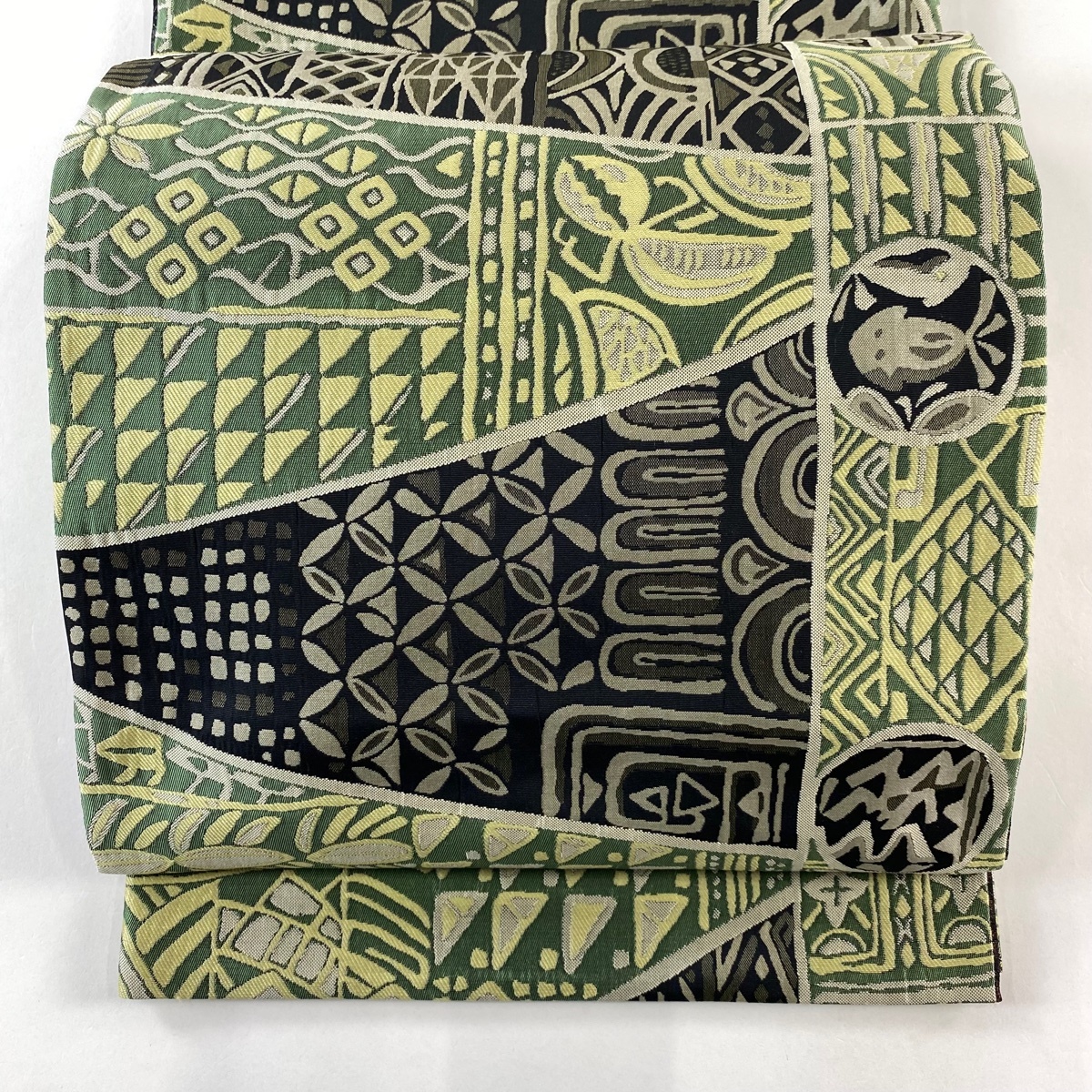 【美品】 袋帯 名品 七宝 菱 灰緑 六通 正絹 【中古】拍卖