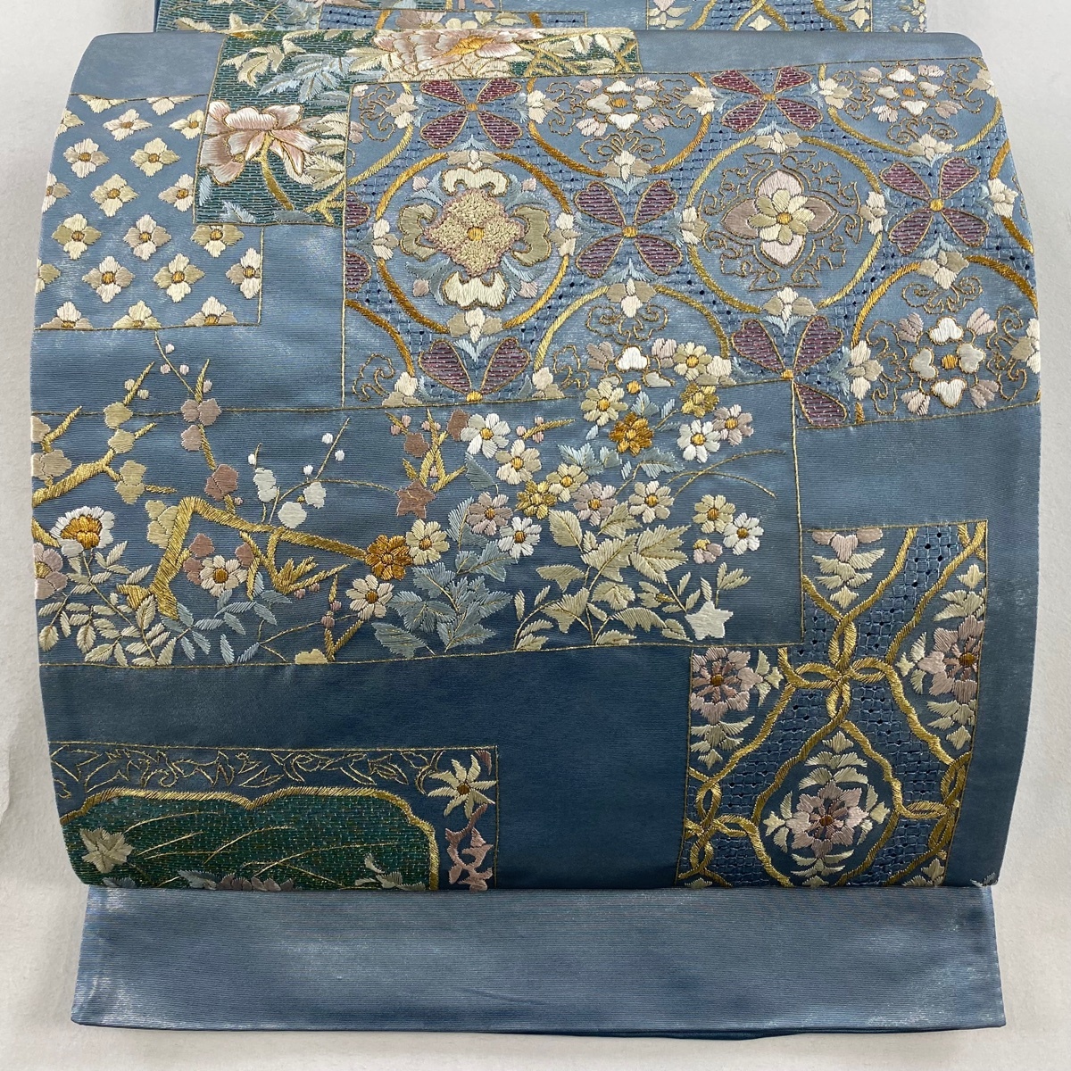 【美品】 袋帯 逸品 花鳥 色紙 金糸 刺繍 青灰色 六通 正絹 【中古】拍卖