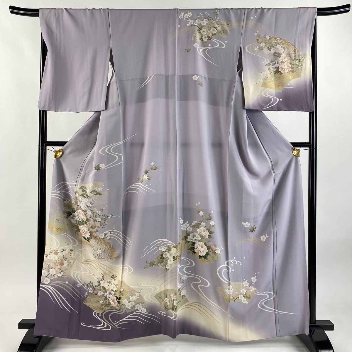 訪問着 身丈163.5cm 裄丈68.5cm L 袷 牡丹 扇面 金彩 染め分け 薄紫 正絹 秀品 【中古】拍卖