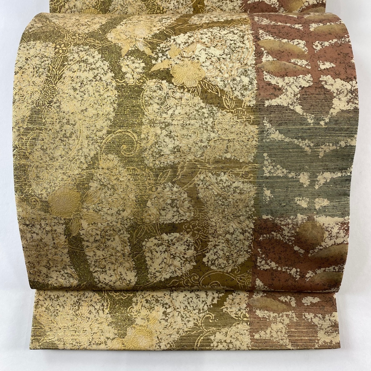 【美品】 袋帯 逸品 落款 証紙 牛首紬地 花唐草 草花 金銀彩 茶緑色 全通 正絹 【中古】拍卖