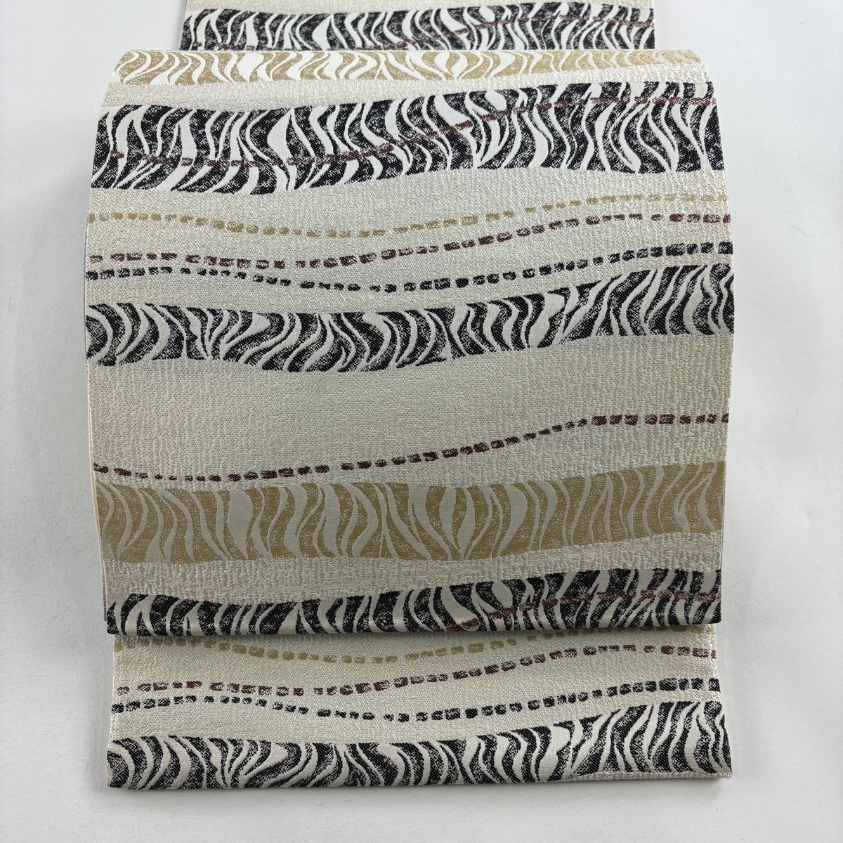 袋帯 名品 友禅流 幾何学模様 銀糸 クリーム 六通 正絹 【中古】拍卖