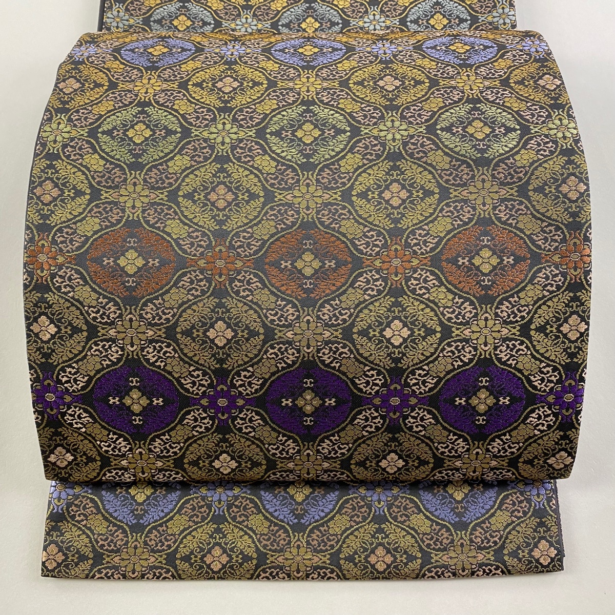 【美品】 袋帯 逸品 箔屋清兵衛 落款 西陣織 花菱 箔 墨色 六通 正絹 【中古】拍卖