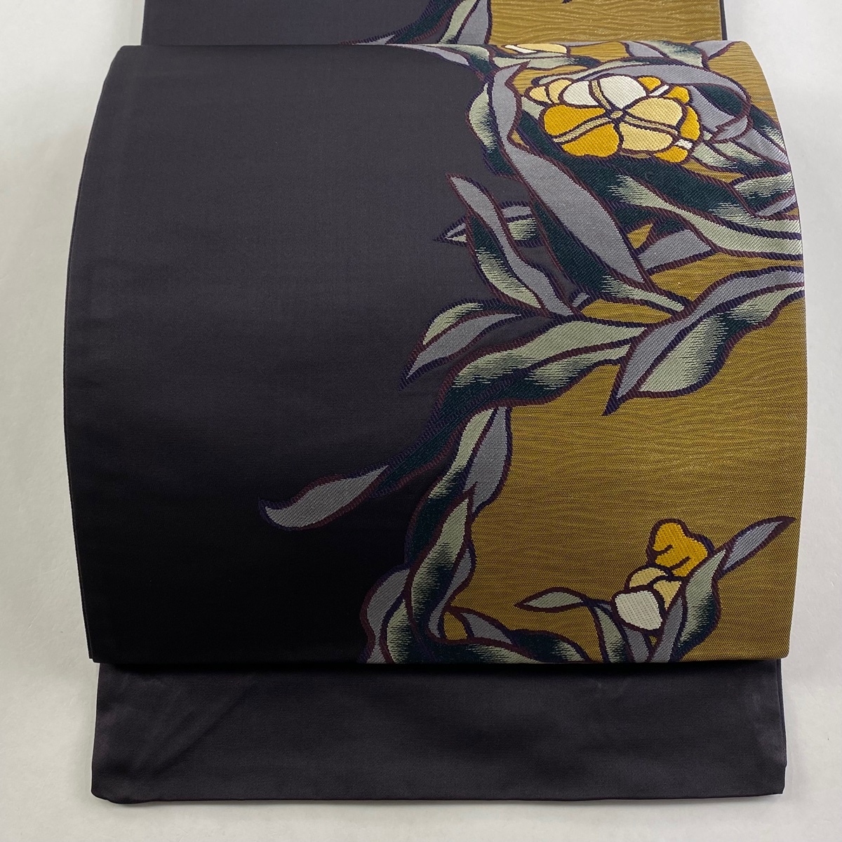 【美品】 袋帯 秀品 草花 箔 墨色 六通 正絹 【中古】拍卖