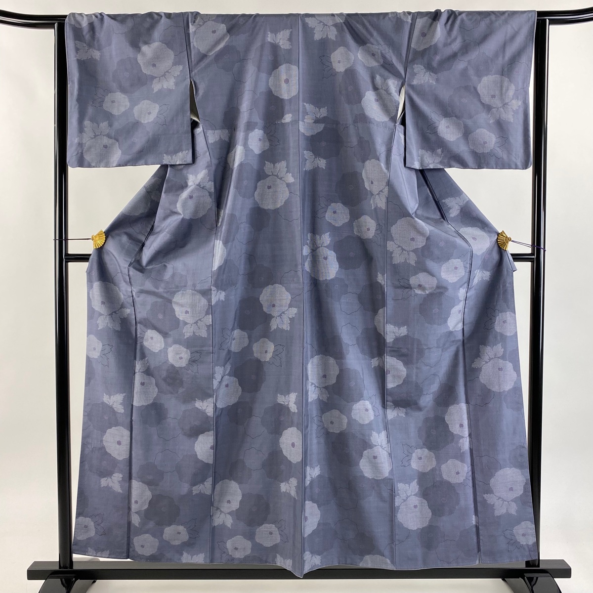 紬 身丈158.5cm 裄丈64.5cm M 袷 菊 青灰色 正絹 秀品 【中古】拍卖