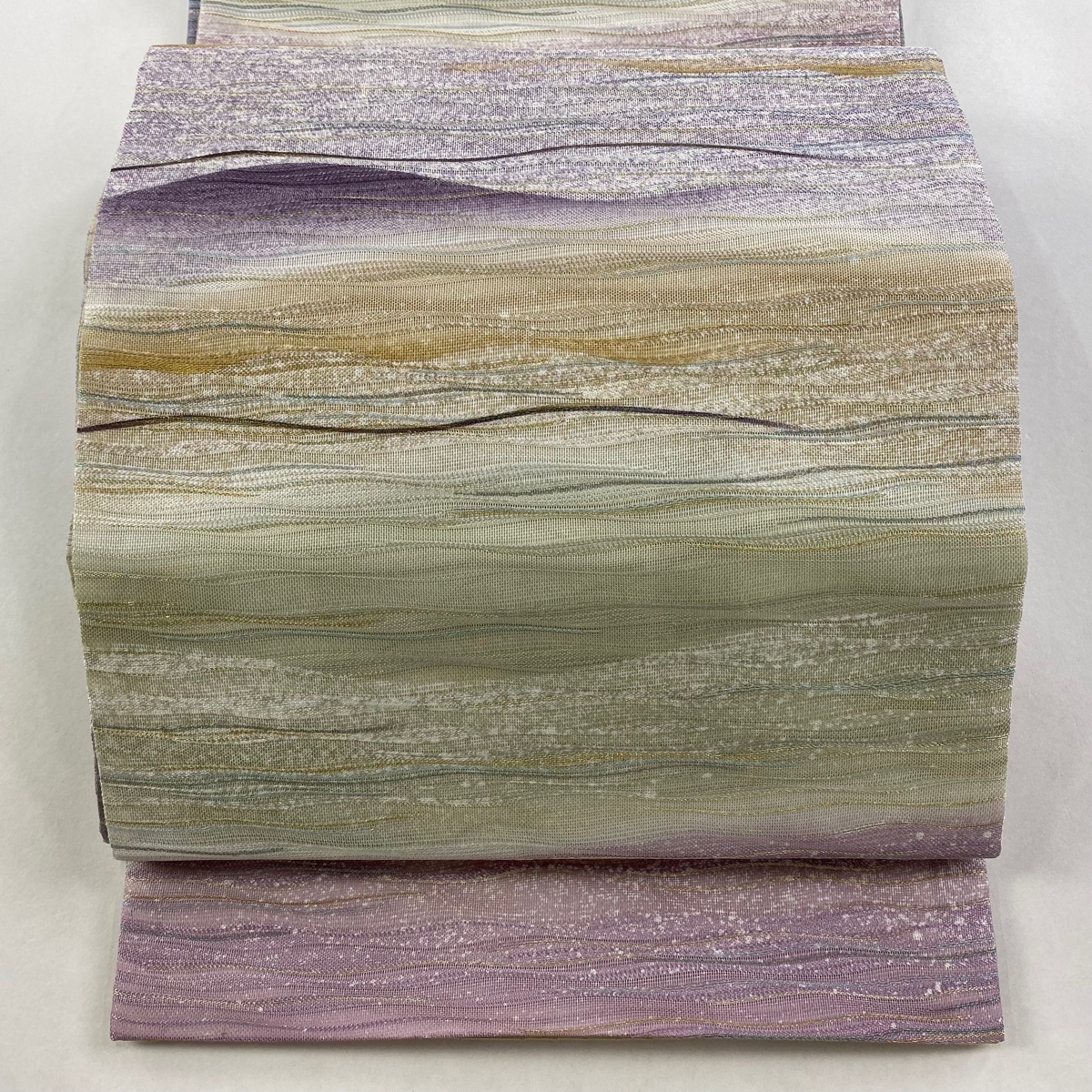 【美品】 袋帯 名品 証紙 夏帯 手先二通り 波 草花 金糸 灰紫 お太鼓柄 正絹 【中古】拍卖