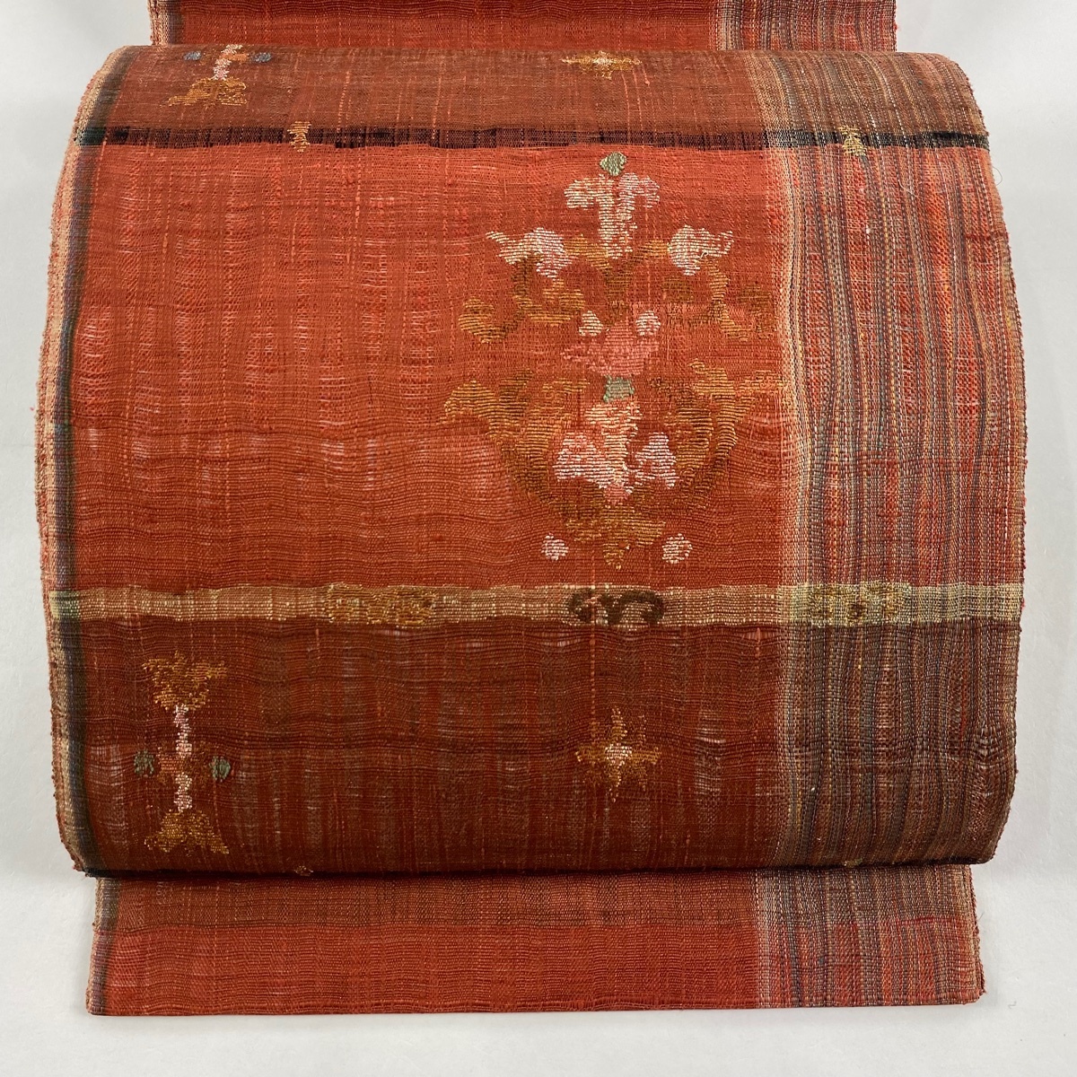 【美品】 袋帯 秀品 夏帯 草花 縞 金銀糸 赤 お太鼓柄 正絹 【中古】拍卖