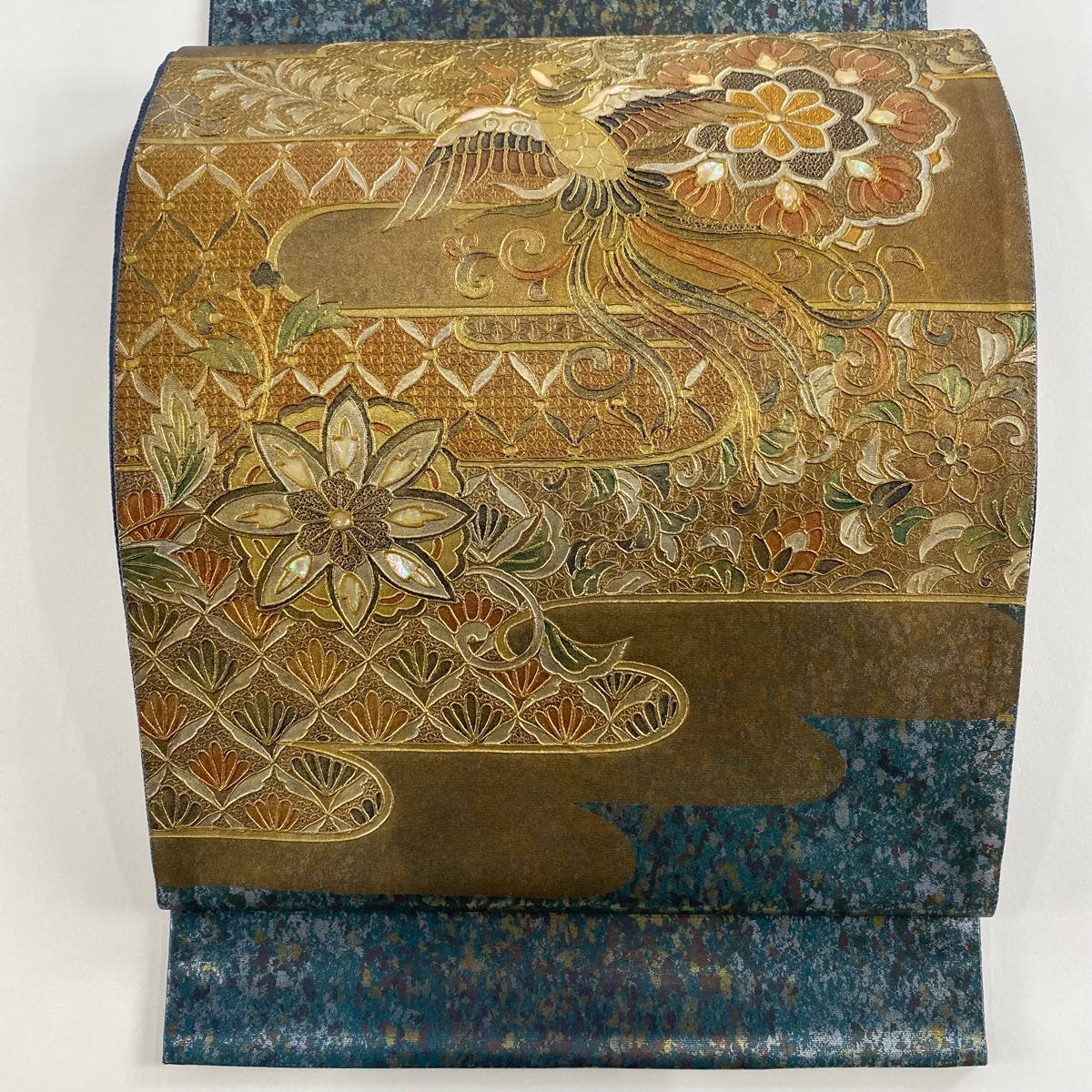 【美品】 袋帯 秀品 尾長鳥 華文 螺鈿 金銀彩 金色 お太鼓柄 正絹 【中古】拍卖