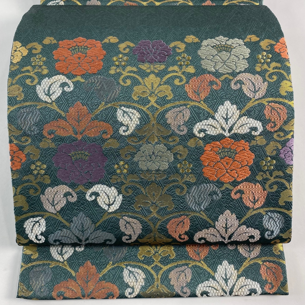 袋帯 秀品 草木染 花唐草 菱 金糸 箔 灰緑 六通 正絹 【中古】拍卖