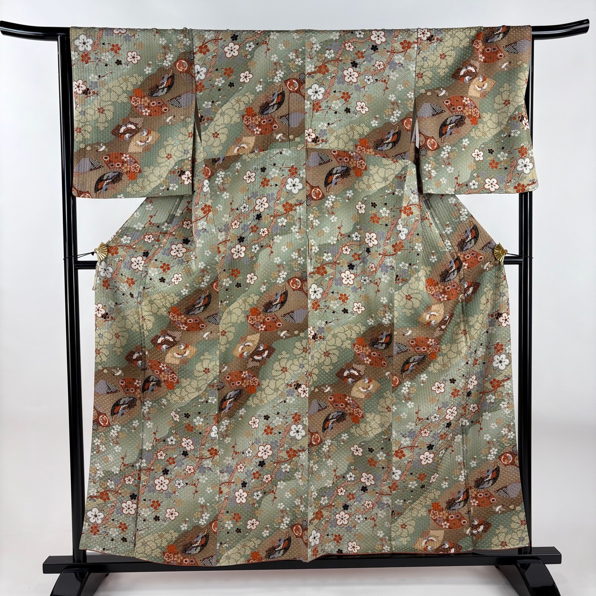 小紋 身丈156.5cm 裄丈66.5cm M 袷 梅 扇 金彩 ぼかし 灰緑 正絹 優品 【中古】拍卖