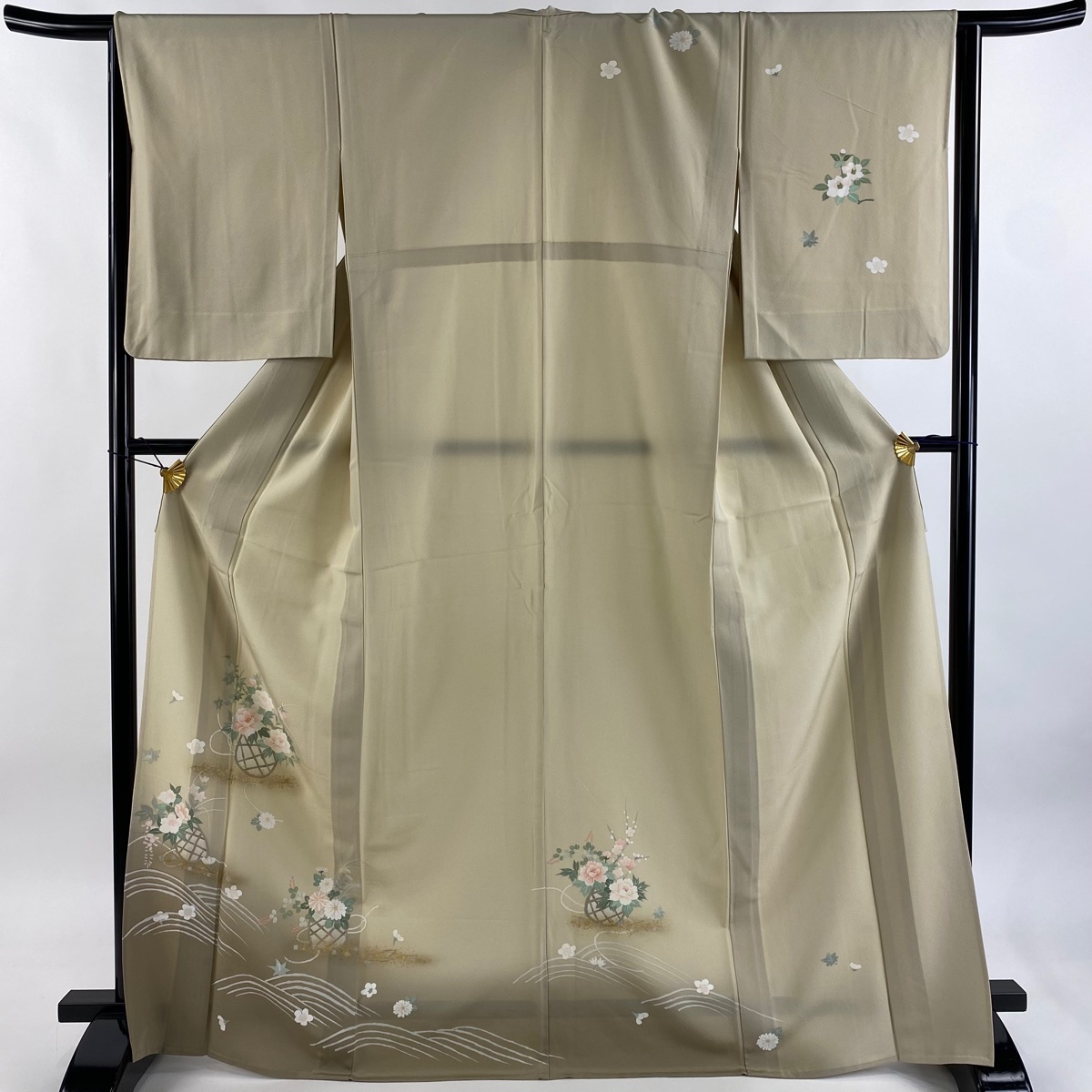 訪問着 身丈168cm 裄丈66cm M 単衣 花籠 波 金銀彩 染め分け 薄茶色 正絹 秀品 【中古】拍卖