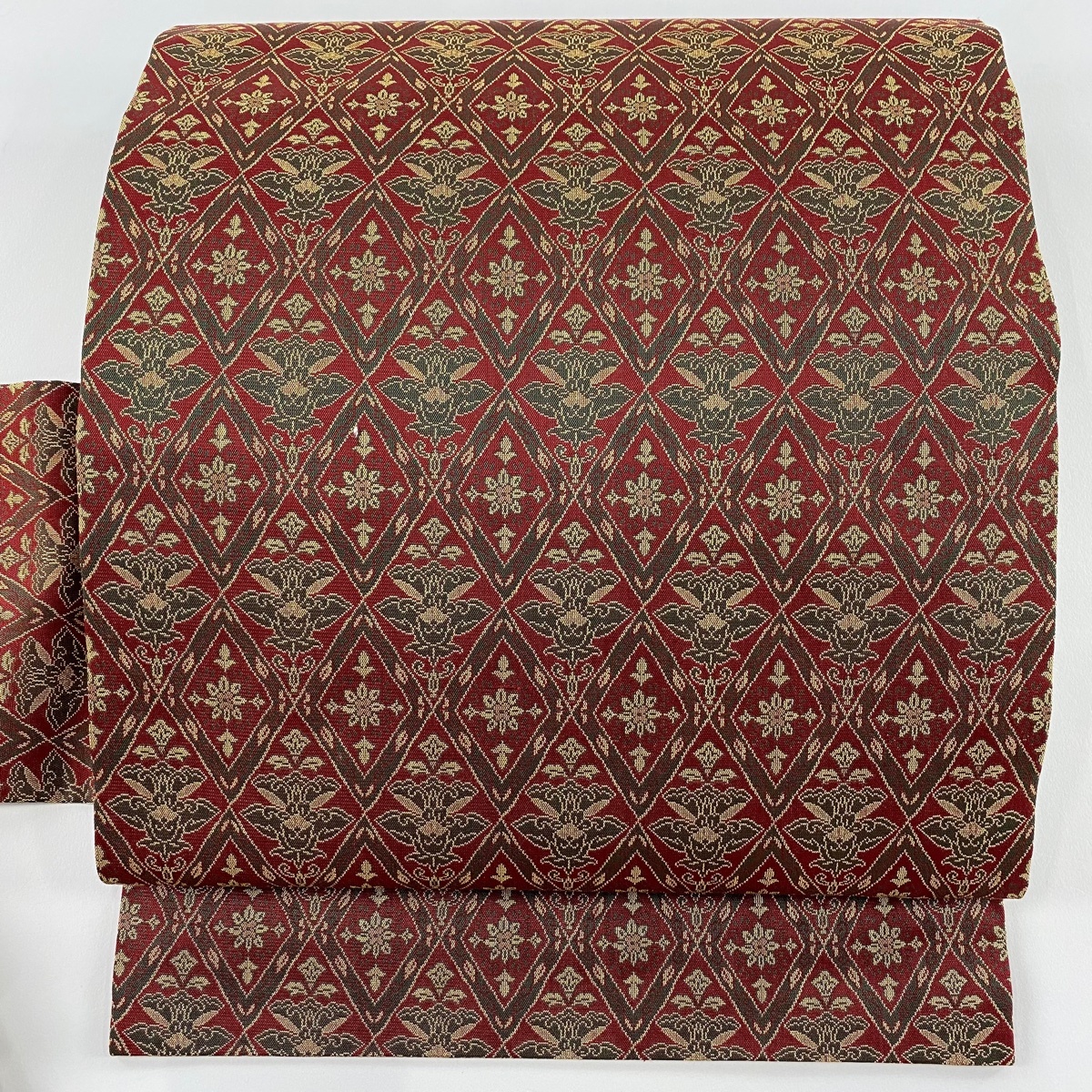 【美品】 名古屋帯 優品 草花 菱 えんじ色 正絹 【中古】拍卖