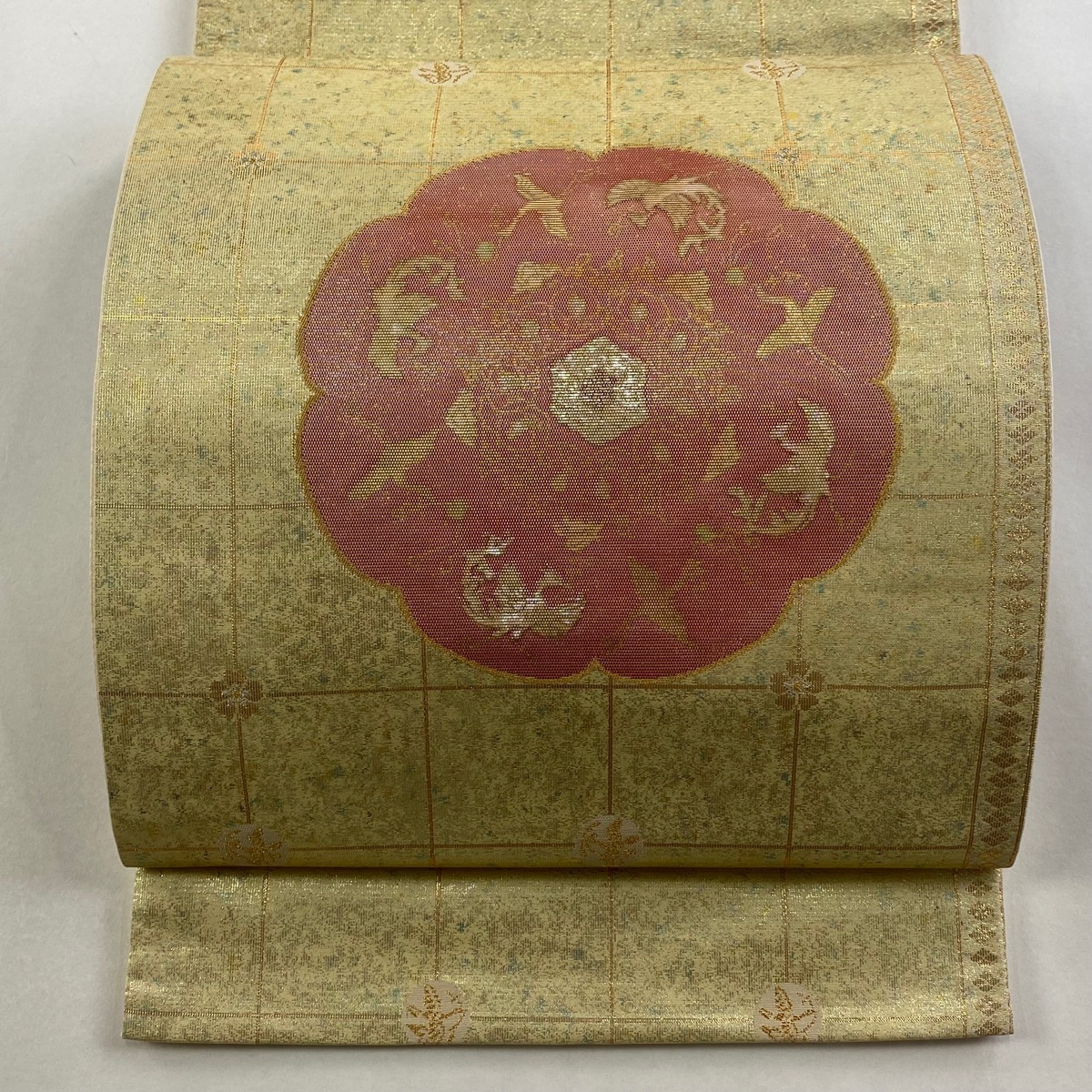 袋帯 秀品 華文 花鳥 箔 金銀糸 金色 お太鼓柄 正絹 【中古】拍卖