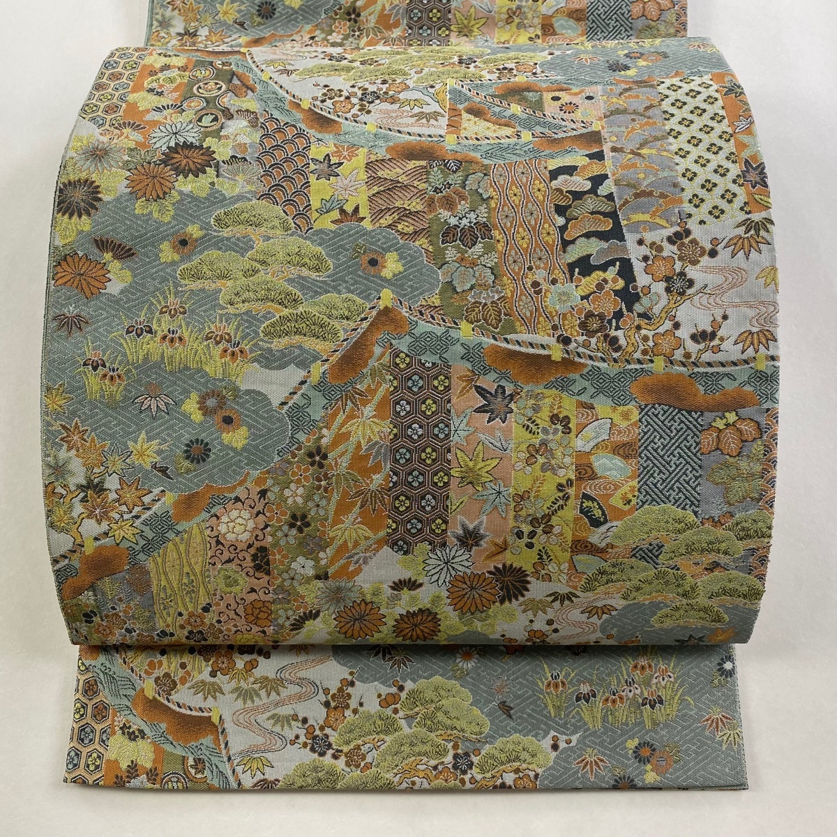 【美品】 袋帯 秀品 落款 萬葉 幔幕 松竹梅 青灰色 全通 正絹 【中古】拍卖