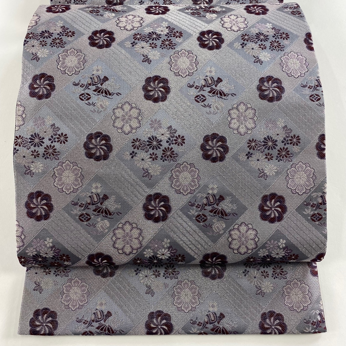 【美品】 袋帯 名品 宝尽くし 菊 銀糸 灰色 六通 正絹 【中古】拍卖