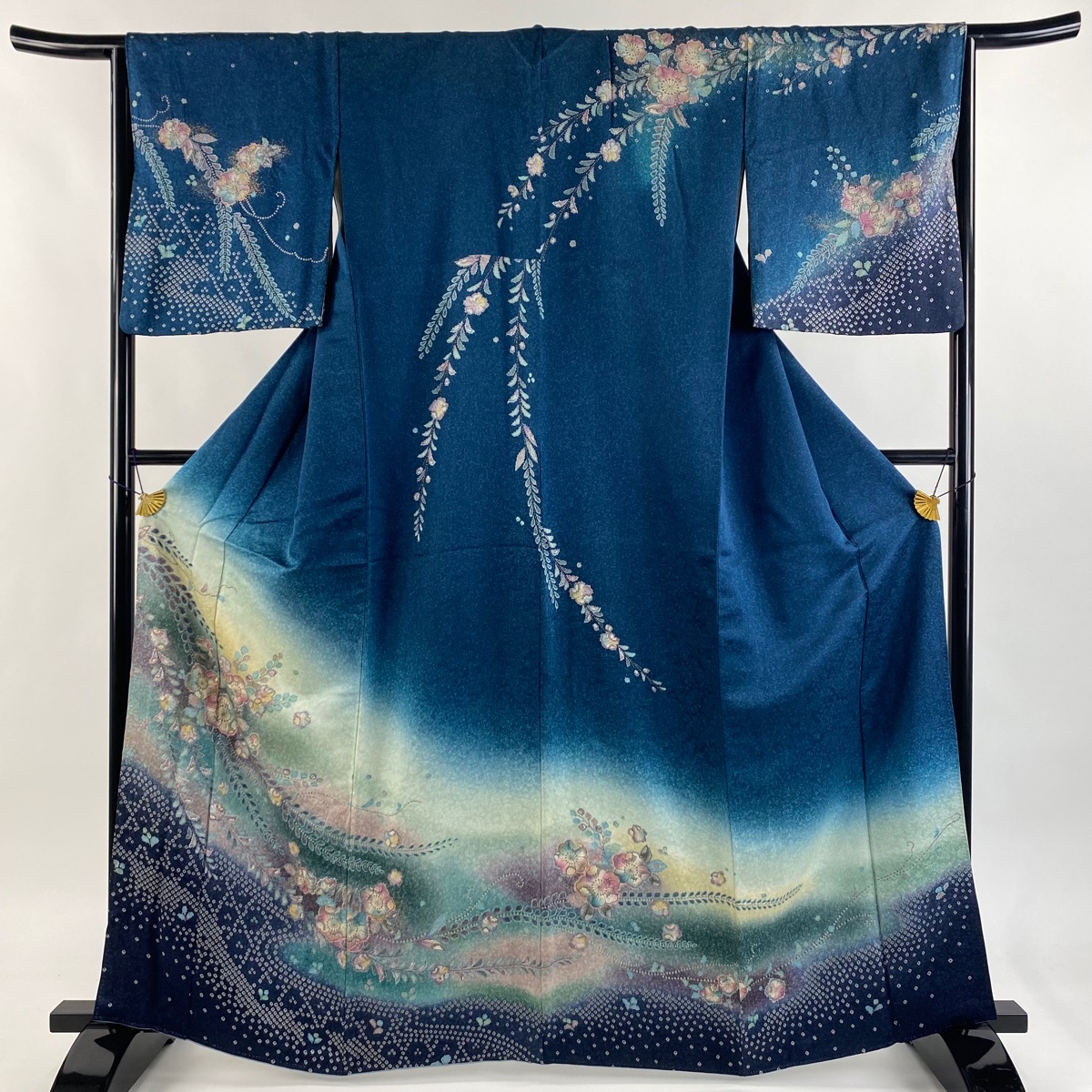 訪問着 身丈164cm 裄丈65cm M 袷 辻が花柄 金彩 ぼかし 濃紺 正絹 秀品 【中古】拍卖