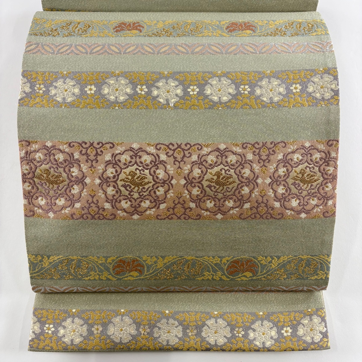 【美品】 袋帯 秀品 華文 鳥 刺繍 金糸 灰緑 全通 正絹 【中古】拍卖