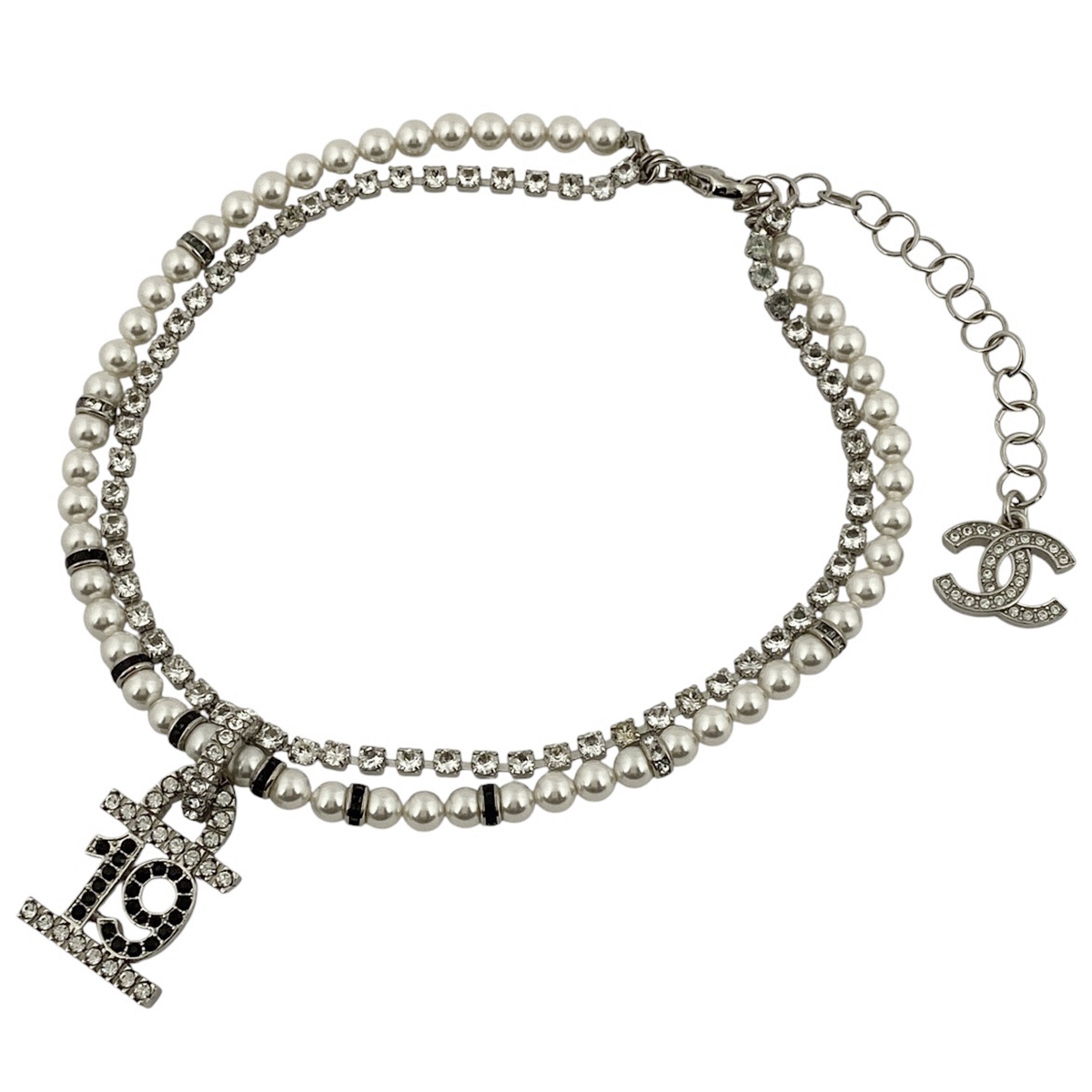 シャネル CHANEL ココマーク フェイクパール ネックレス 2連 No.19 メタル ラインストーン シルバー ブラック レディース 【中古】拍卖