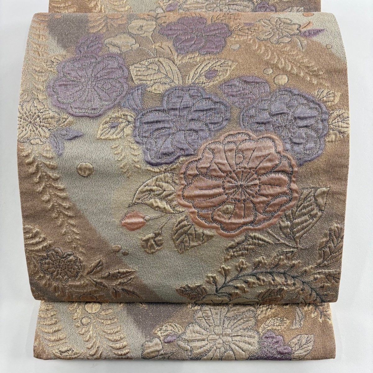 【美品】 袋帯 秀品 草花 銀糸 箔 薄茶色 六通 正絹 【中古】拍卖