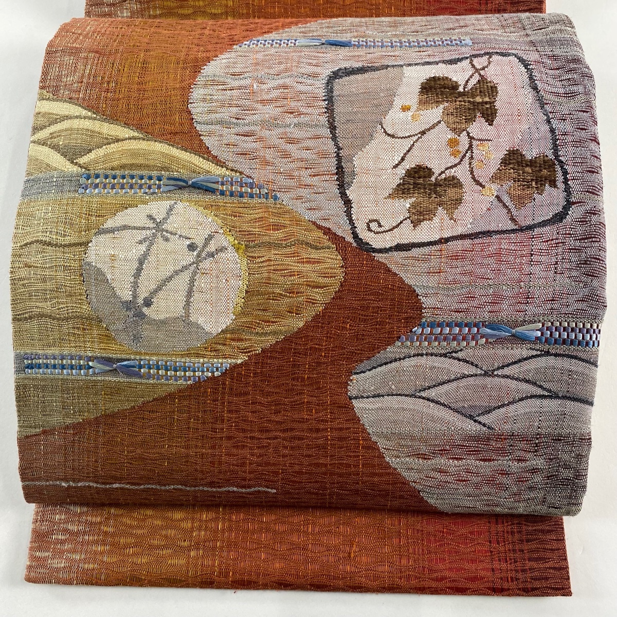 【美品】 袋帯 秀品 色紙 葉 赤茶 お太鼓柄 正絹 【中古】拍卖