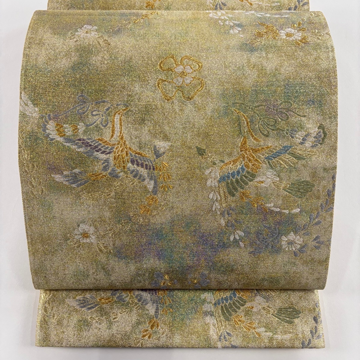 【美品】 袋帯 秀品 鳥 草花 金糸 箔 金色 六通 正絹 【中古】拍卖