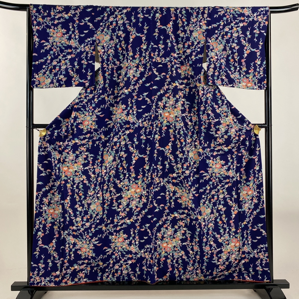 【美品】 小紋 身丈159cm 裄丈64cm M 袷 草花 松梅 濃紺 正絹 優品 【中古】拍卖