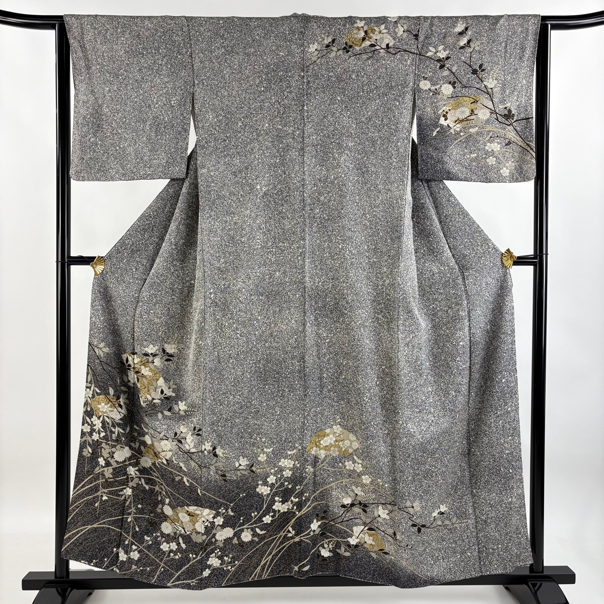 訪問着 身丈155cm 裄丈64.5cm M 袷 扇面 橘 金彩 黒灰 正絹 秀品 【中古】拍卖