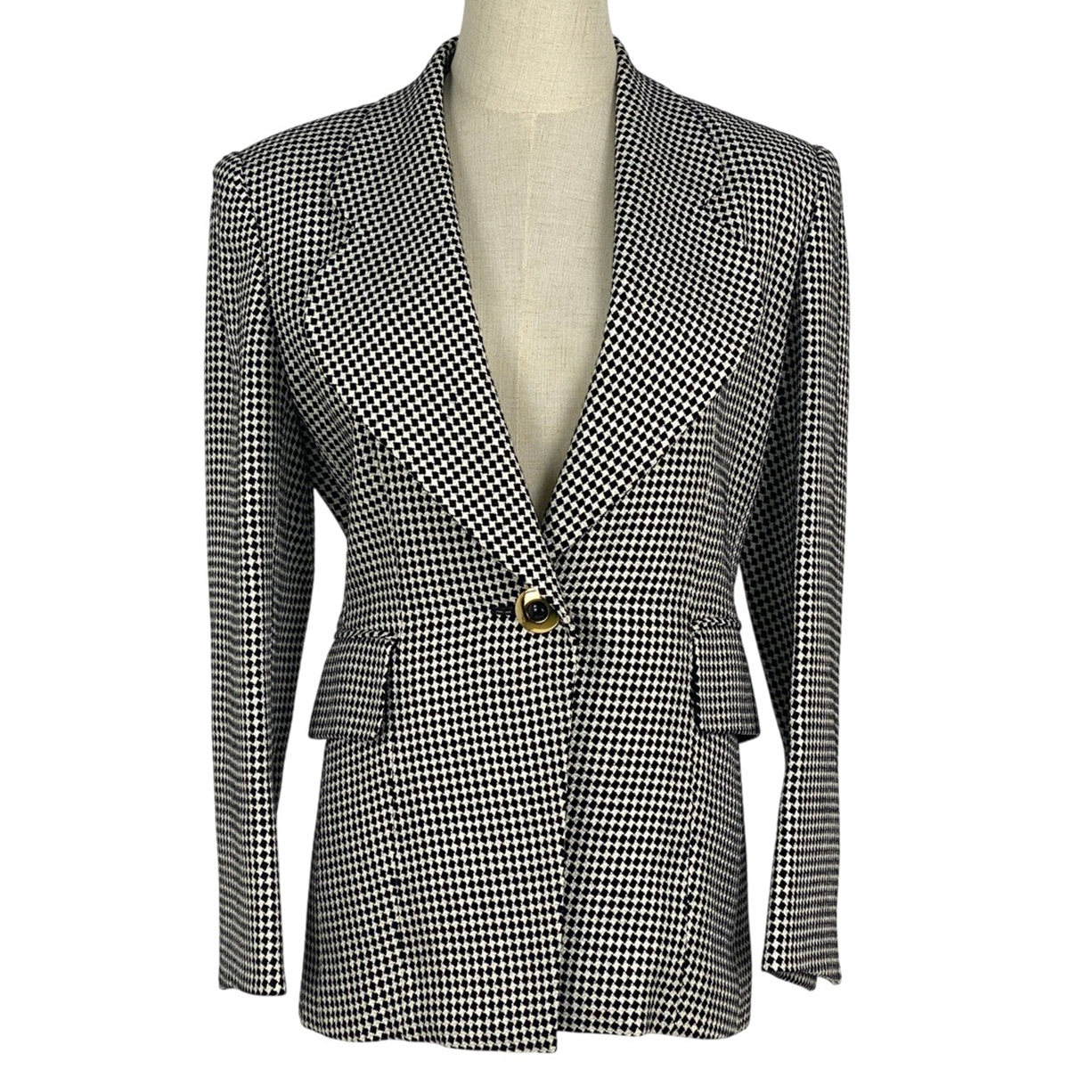 クリスチャンディオール Christian Dior ロゴ テーラードジャケット 市松模様 アウター 絹 毛 ブラック ホワイト レディース 【中古】拍卖