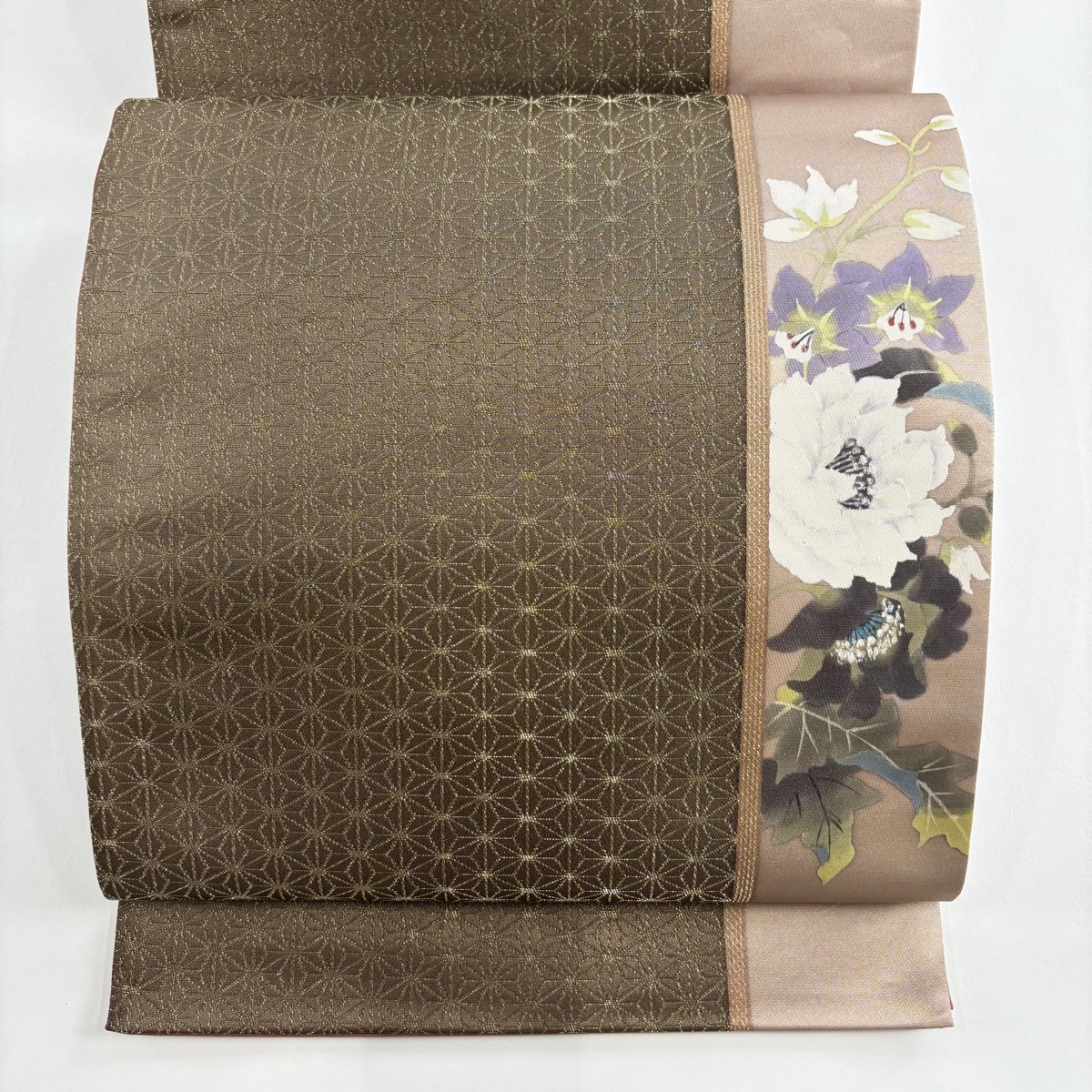 【美品】 袋帯 秀品 二代目清次郎 落款 牡丹 麻の葉 金糸 箔 鶯色 お太鼓柄 正絹 【中古】拍卖