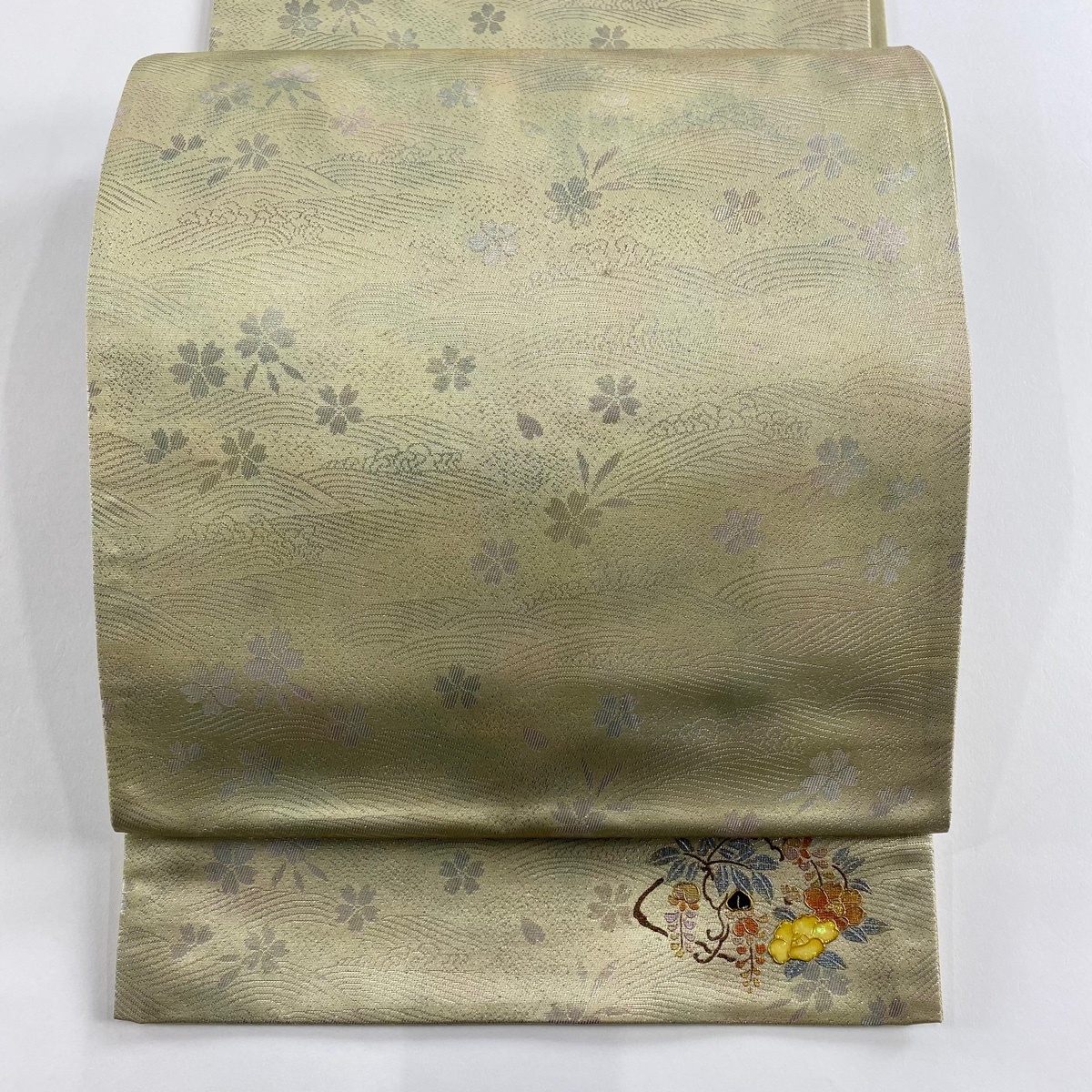 袋帯 秀品 ワンポイント柄 桜 金銀彩 薄緑 六通 正絹 【中古】拍卖