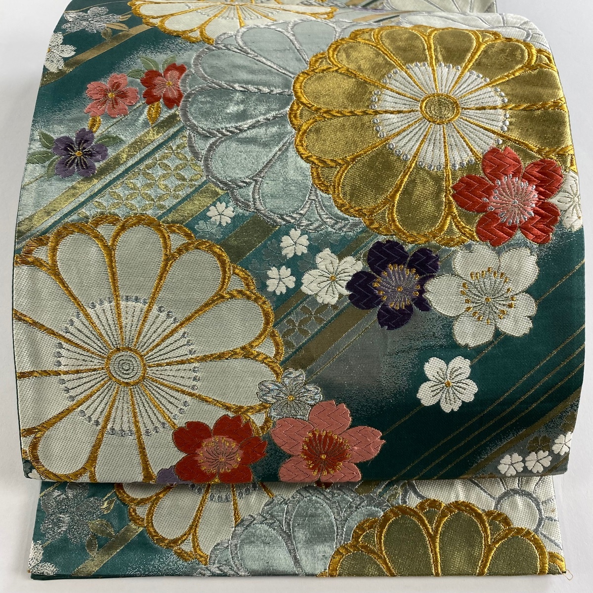 袋帯 秀品 菊 桜 金銀糸 箔 灰緑 全通 正絹 【中古】拍卖