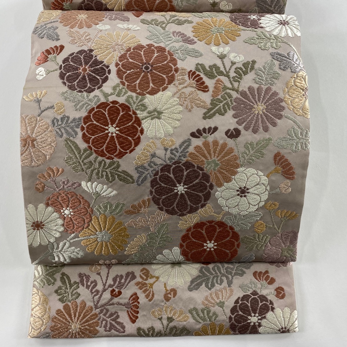 【美品】 袋帯 秀品 菊 唐織 灰紫 六通 正絹 【中古】拍卖