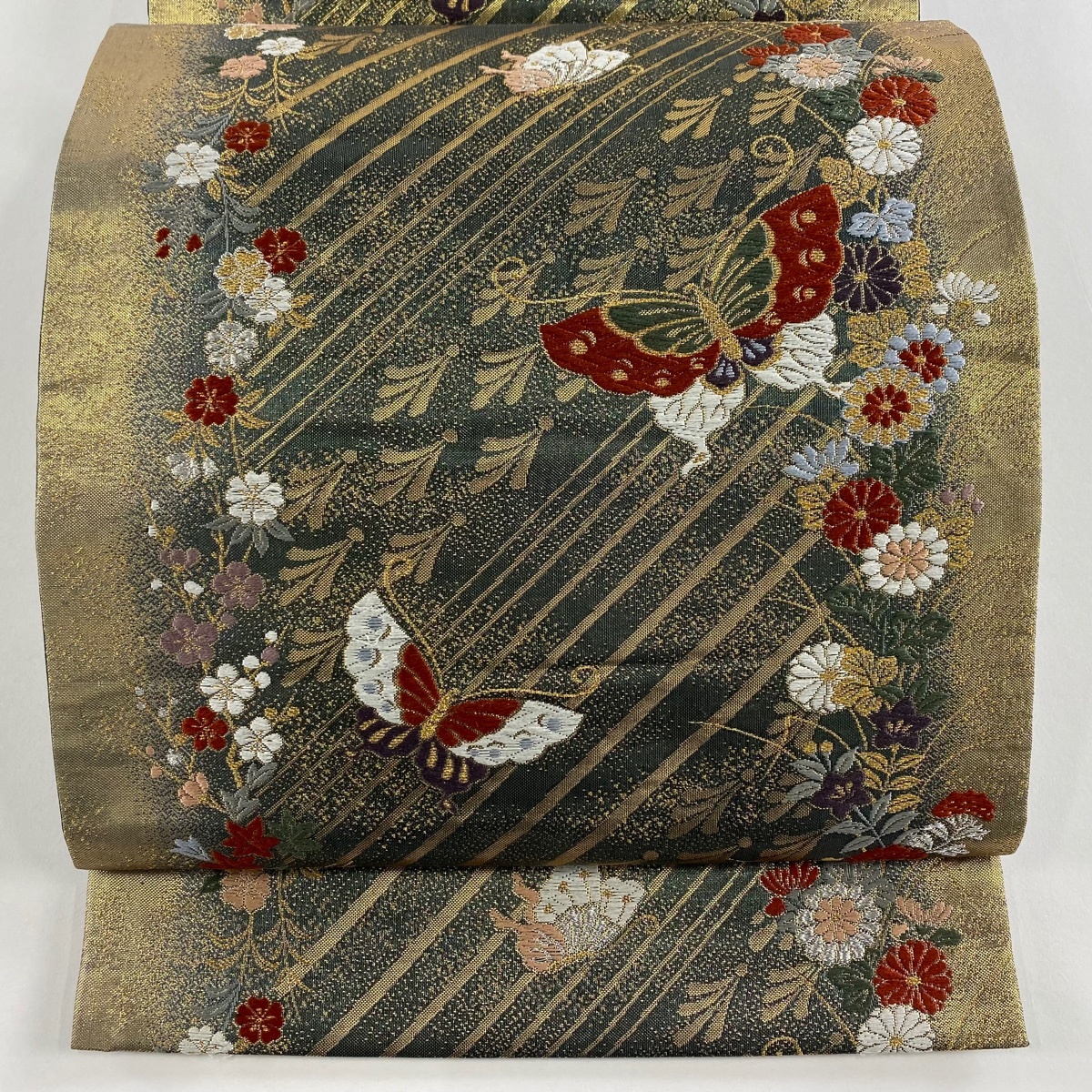 袋帯 秀品 蝶 草花 金銀糸 箔 深緑 六通 正絹 【中古】拍卖