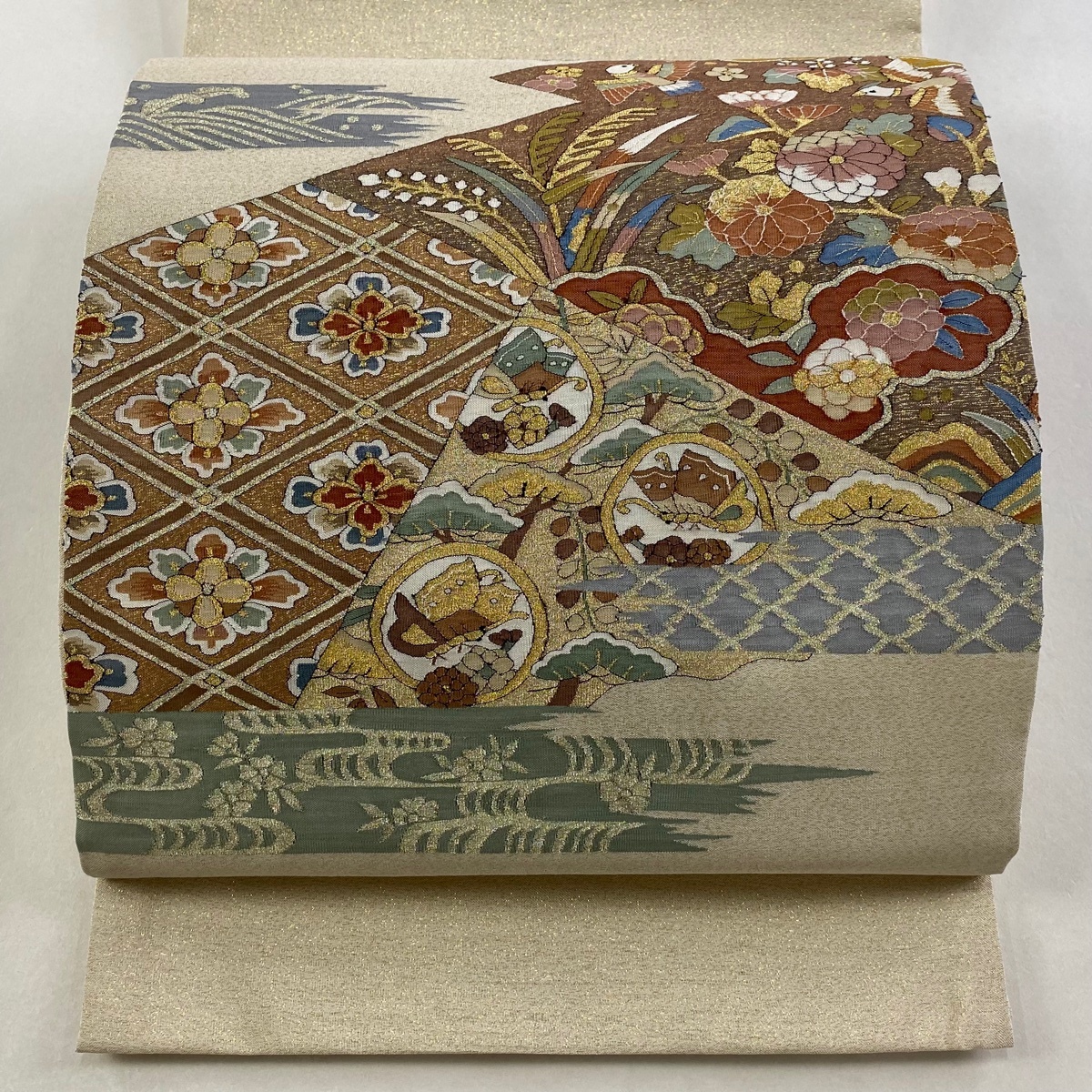 袋帯 逸品 華文 花鳥 金銀糸 ベージュ お太鼓柄 正絹 【中古】拍卖